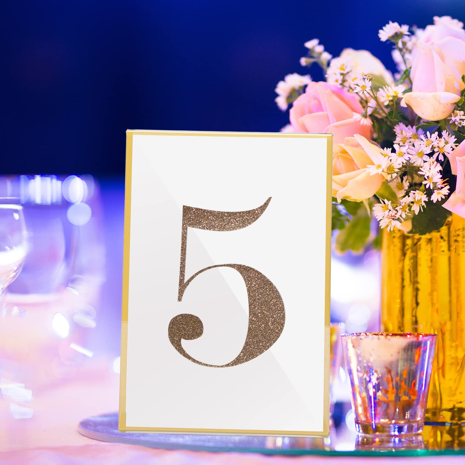 24 Pack Gold Border Acrylic Sign Holders - 5x7 Inch Clear Plastic Picture Frames with Vertical & Slant Back for Tabletop Display - Perfect for Wedding Menus, Office Signs, Restaurant Displays & Retail Merchandising