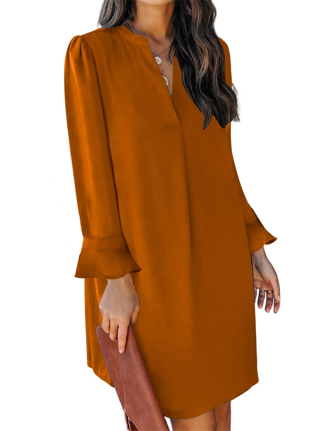 QACOHU Women's Flowy Casual V-Neck Ruffle Long Sleeve Shift Dress for Spring Summer Autumn Winter | Elegant Loose Fit Dresses for Daily Wear, Office, Dating & Special Occasions