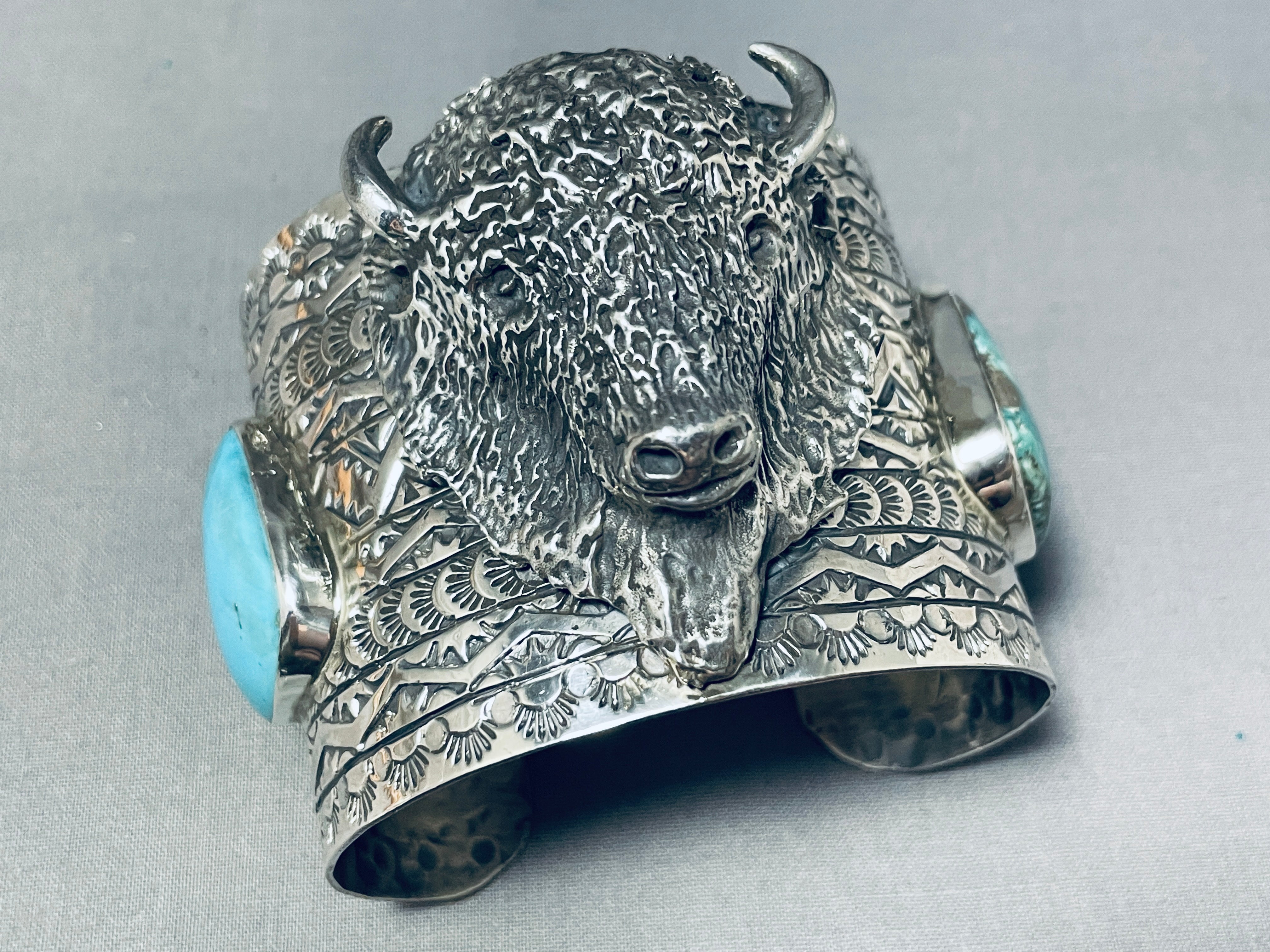Authentic Navajo Turquoise Sterling Silver Bracelet with Buffalo Head - 133 Grams - Handmade Native American Jewelry for Women - Perfect for Boho, Western & Festival Fashion