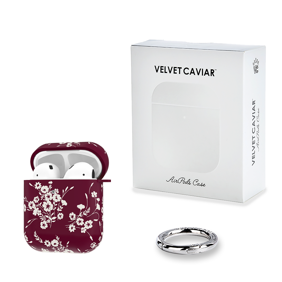French Burgundy Floral AirPod Case - Elegant Protective Cover for AirPods 1/2/3 & Pro - Perfect for Travel, Work & Daily Use