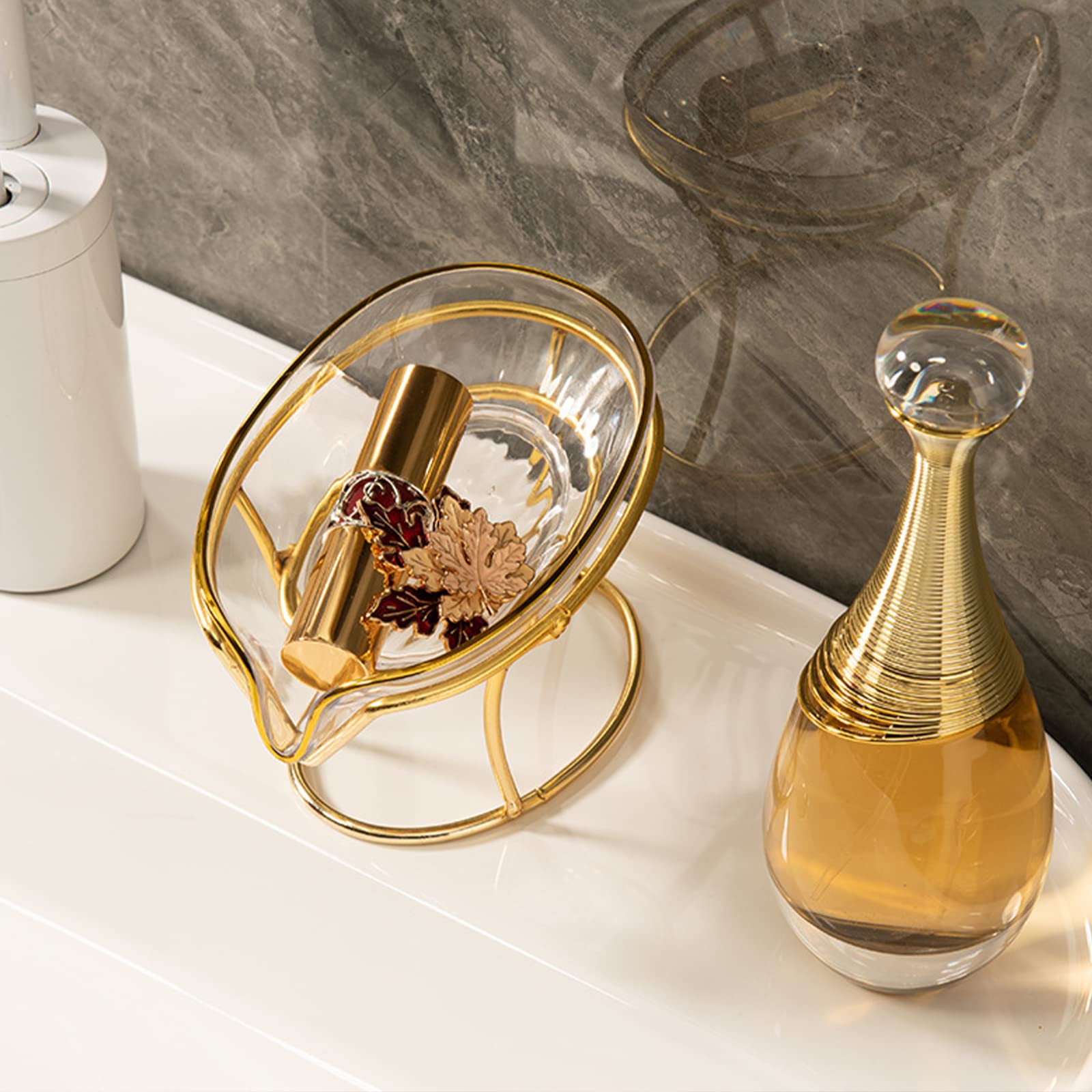 Self-Draining Soap Holder with Gold Iron Frame - Decorative Bathroom & Kitchen Soap Tray - Rustproof Soap Dish for Shower, Sink Countertop - Perfect Home Gift for Modern Bathroom Decor