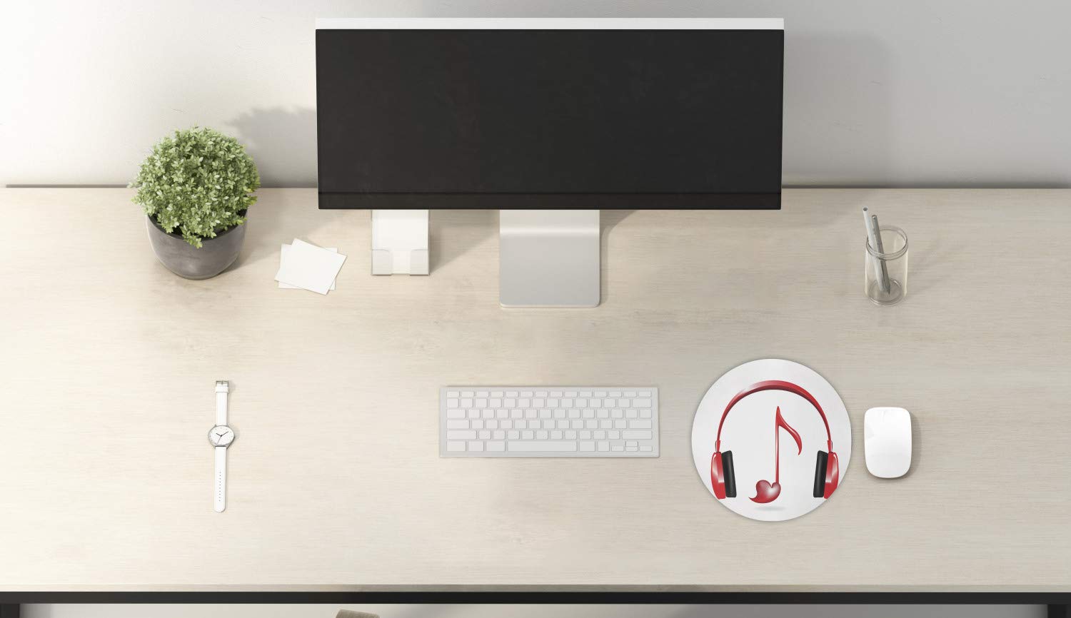 Ambesonne Music-Themed Mouse Pad for Computers - Heart Headphones & Key Note Melody Design, Non-Slip Thick Rubber Gaming Mousepad, 8 Inch Round (Red/Black/Grey) - Perfect for Office, Gaming & Music Lovers Workspace