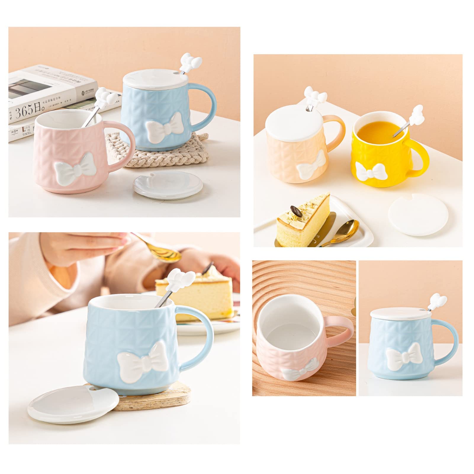 Ceramic Coffee Mug with Lid & Stainless Steel Spoon - 400ml Cute Bowknot Tea Cup for Coffee, Milk & Water - Home & Office Use (Blue)
