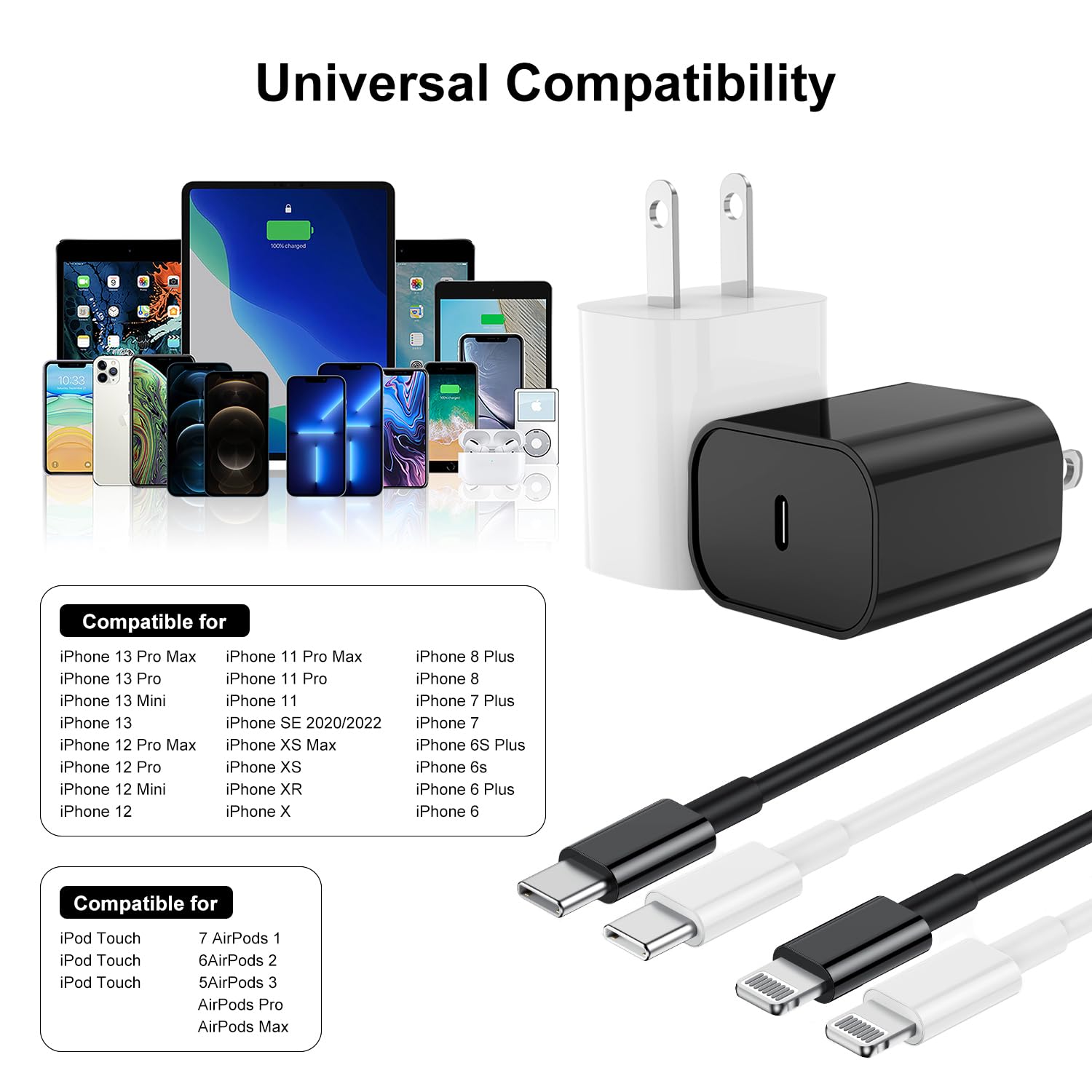 Fast Charging USB C to Lightning Cable [6FT+10FT] - 20W USB C Charger Block for iPhone 14/13/12 Pro Max - White & Black - Perfect for Home, Office, Travel & Car Charging