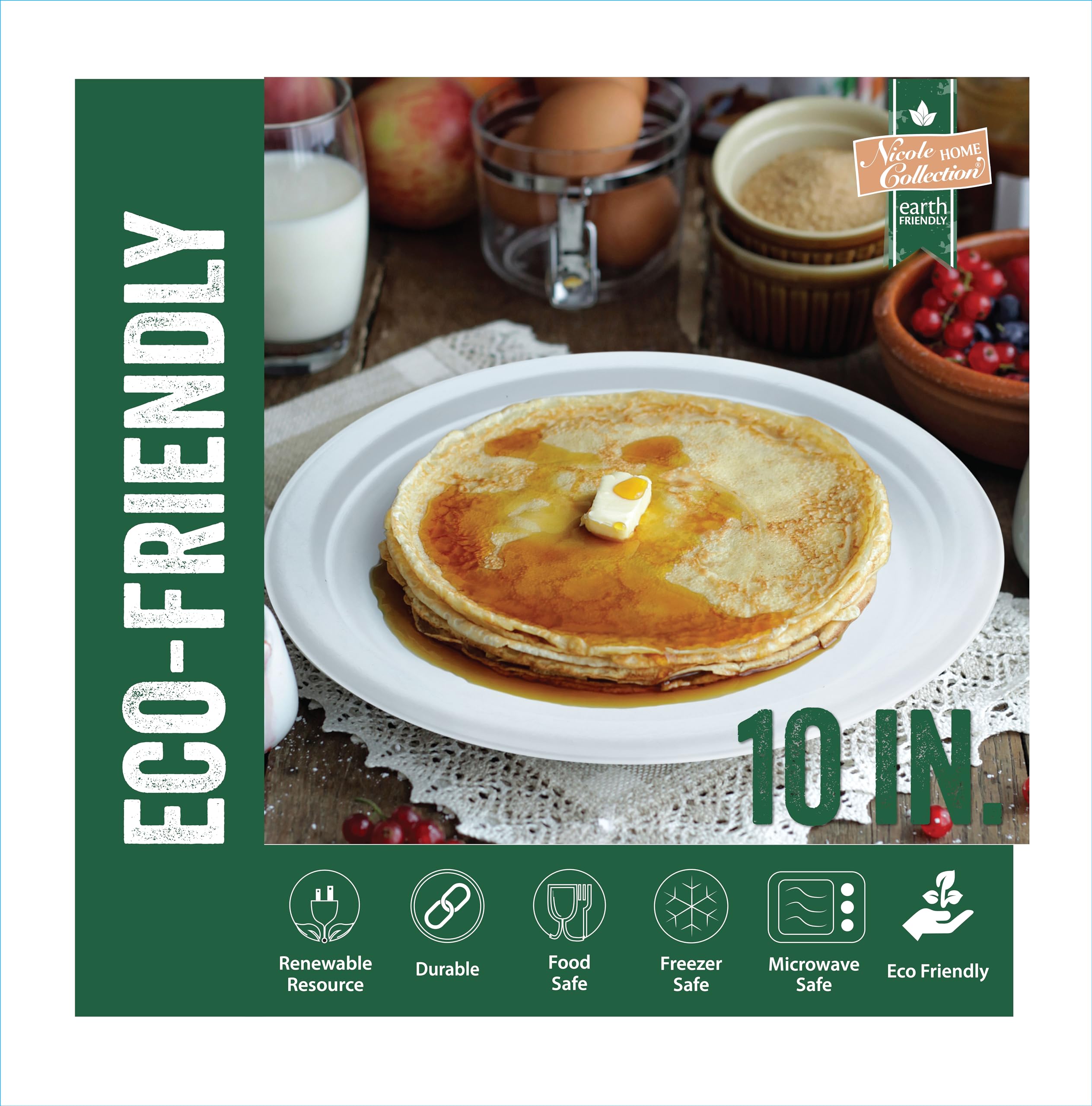 Nicole Home Collection 100% Compostable Heavy Duty 10-Inch Disposable Paper Plates - 600 Count | Eco-Friendly Biodegradable Bagasse Made from Natural Sugarcane Fiber | Perfect for Parties, Picnics, BBQs & Sustainable Dining
