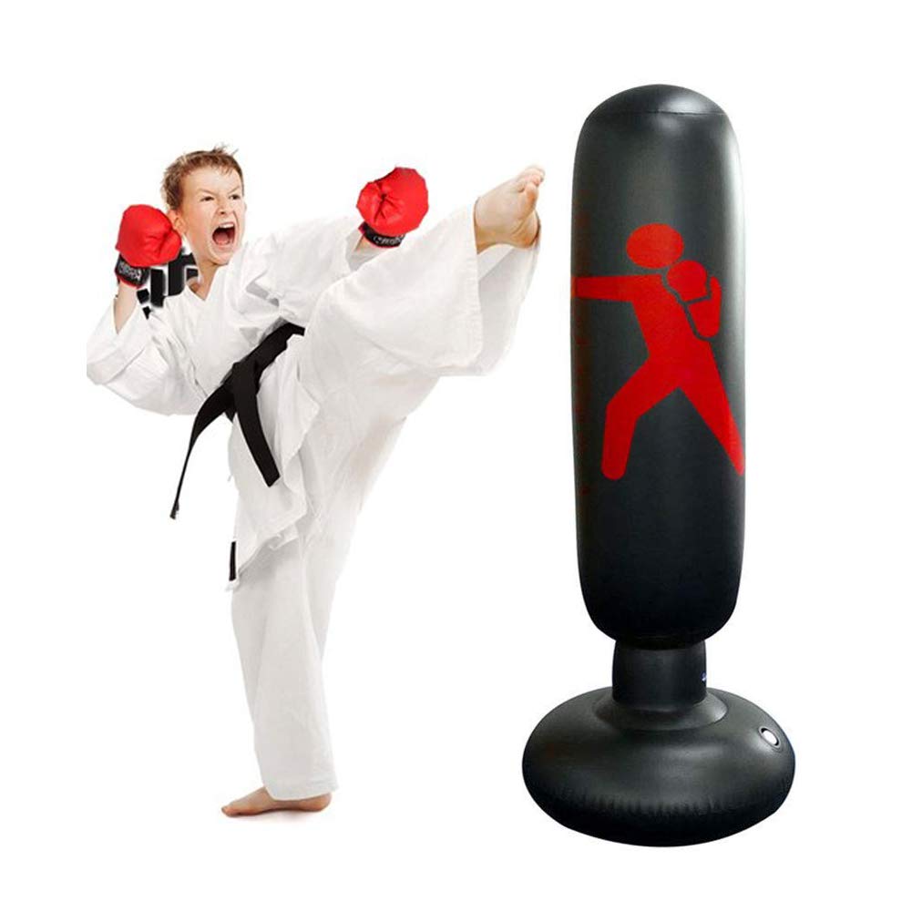 XIVQIUNY Inflatable Fitness Punching Bag - Free-Standing Boxing Training Stand with 160CM Height for MMA, Kickboxing & Cardio Workouts - Perfect for Kids & Adults (Black) - Home Gym, Martial Arts Practice & Stress Relief