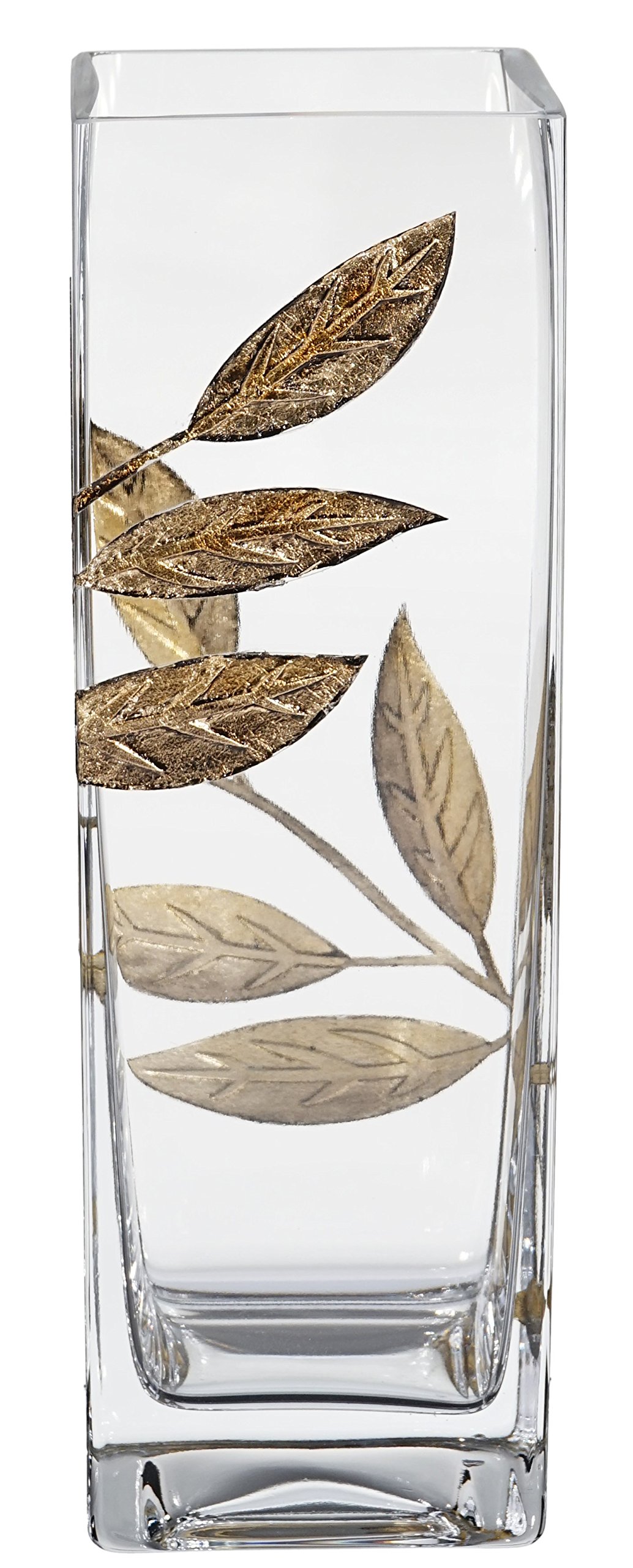 Luxury Hand Blown Glass Vase with Sandblasted Golden Leaves - Elegant Clear Square Vase 9.8 Inch (25cm) in Gold - Perfect for Home Decor, Wedding Centerpiece & Luxury Gift Box Included