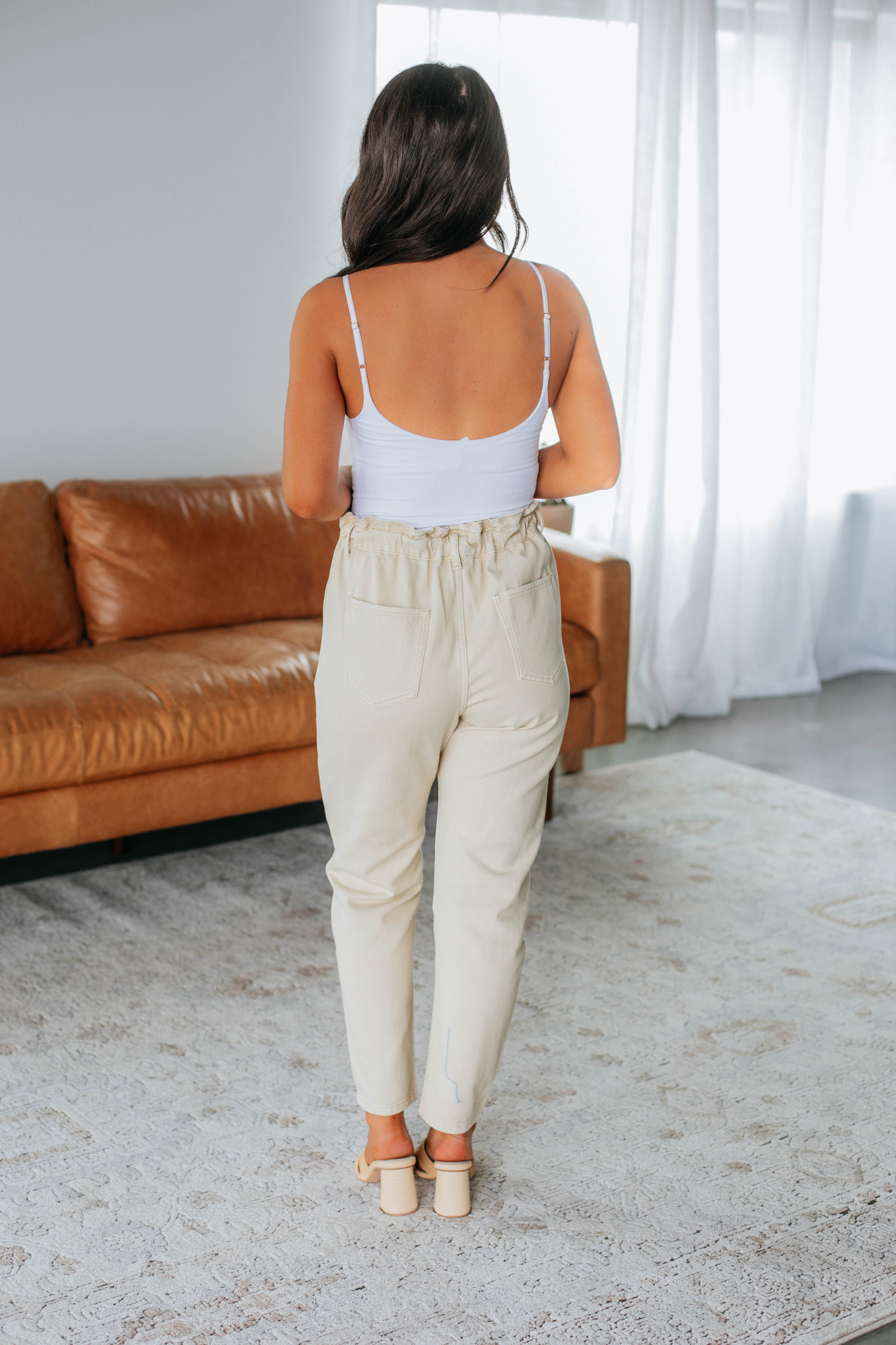 Evolet Women's High Waist Paperbag Pants - Beige Casual Trousers for Work, Office & Everyday Wear