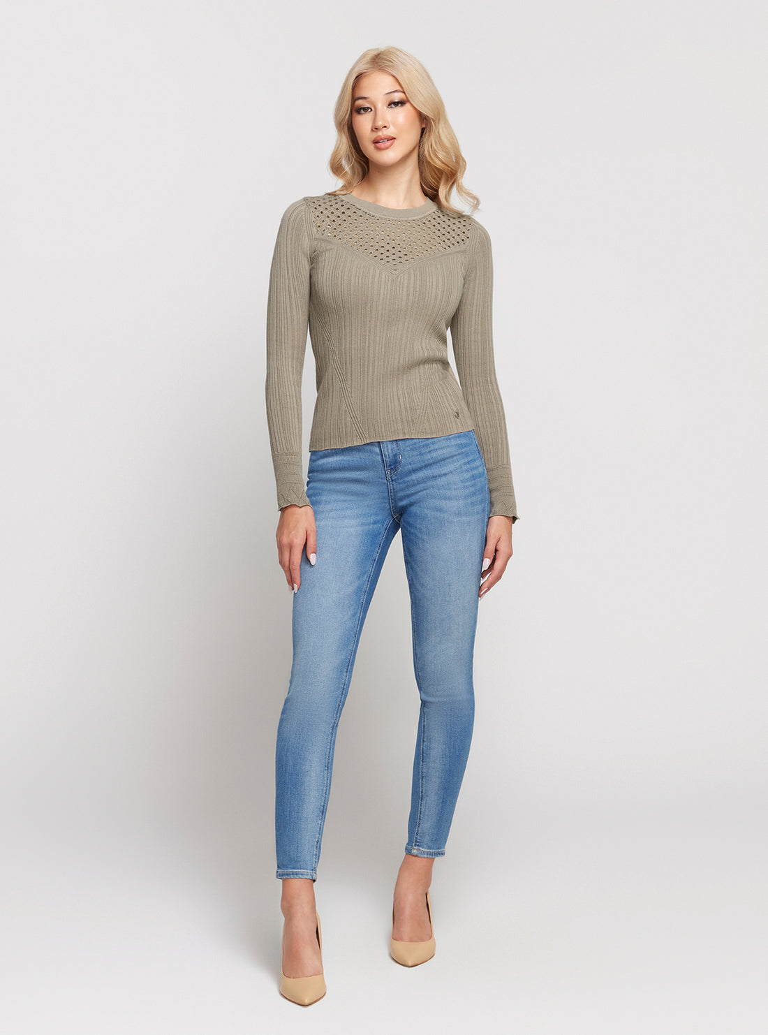 Light Khaki Marie Long Sleeve Knit Top for Women - Soft Casual Pullover Sweater for Fall & Winter | Perfect for Office, Date Night and Layering