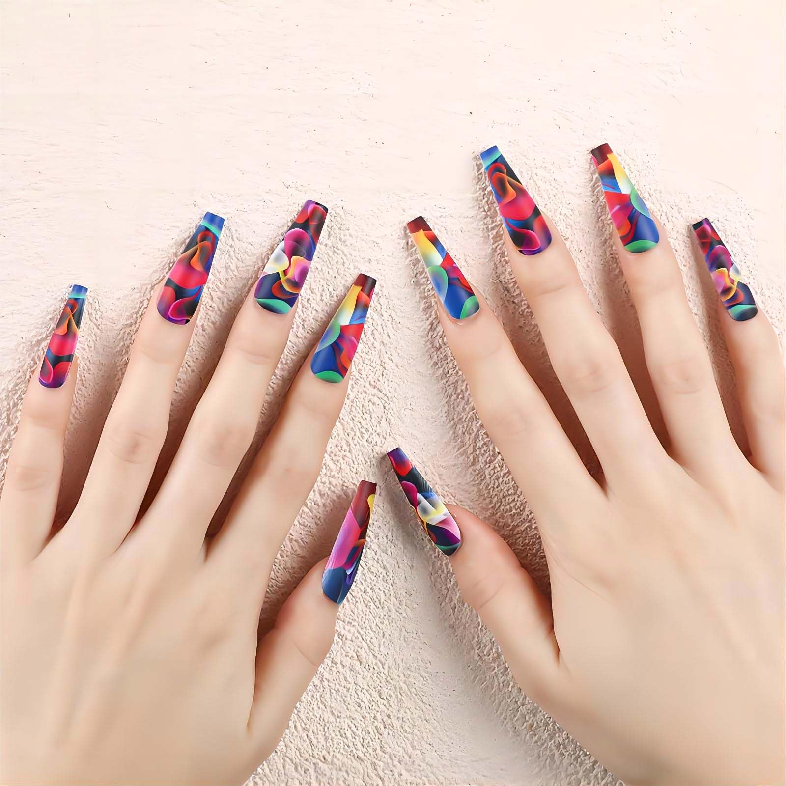 24Pcs Acrylic Press on Nails Long Coffin Fake Nails with Glue - Water Ripple Rainbow Designs Full Cover Artificial Nails for Women, Salon & Party Use