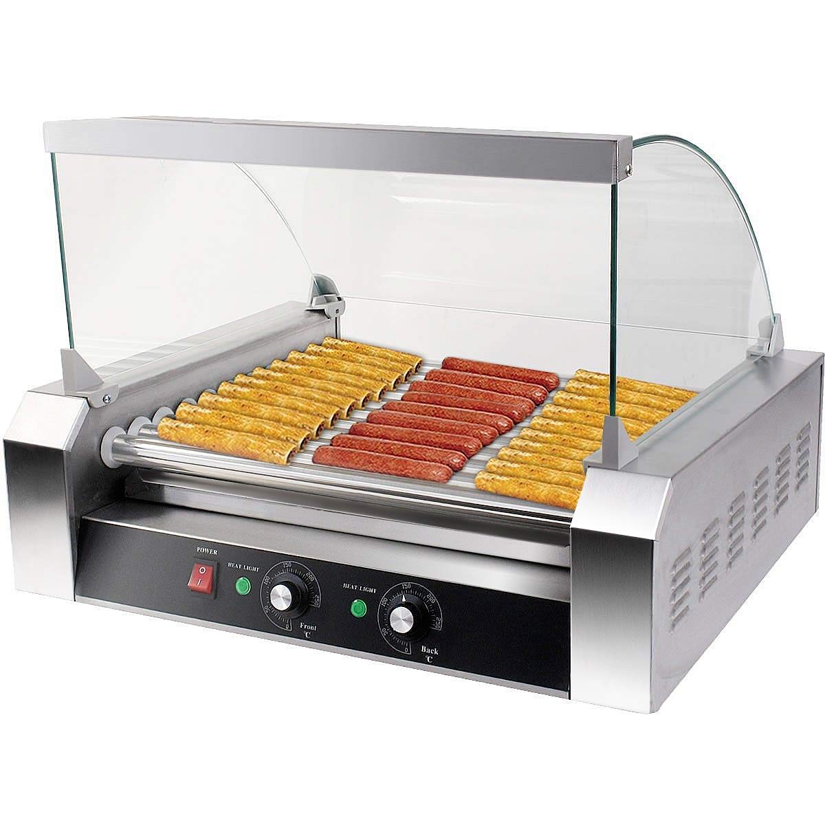 Commercial Electric Hot Dog Grill Machine - 7 Rollers Stainless Steel Hotdog Warmer Cooker with Cover, 1650W (16