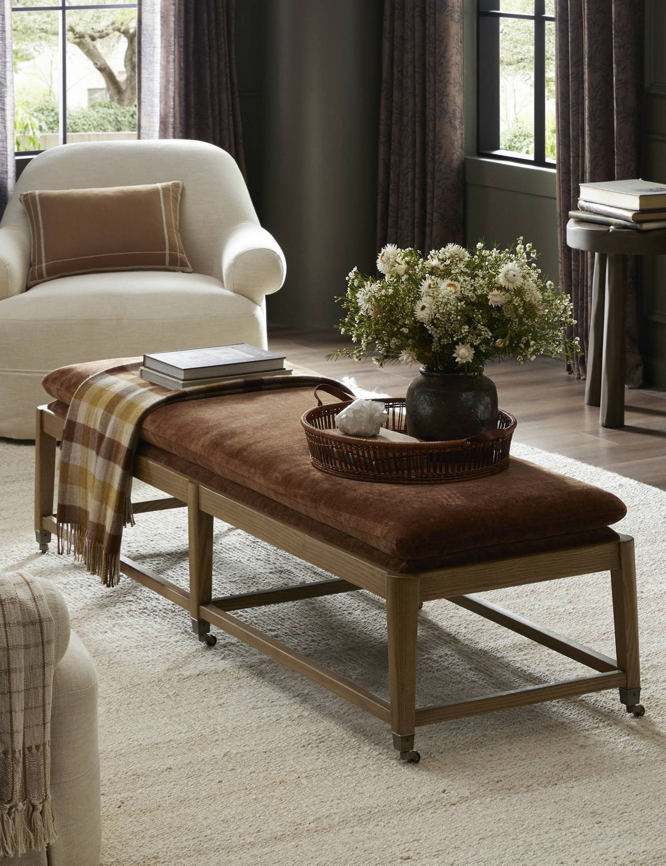 Amber Lewis x Four Hands Eleanor Bench - Modern Wooden Entryway Bench with Upholstered Seat - Perfect for Hallway, Living Room, or Bedroom Decor