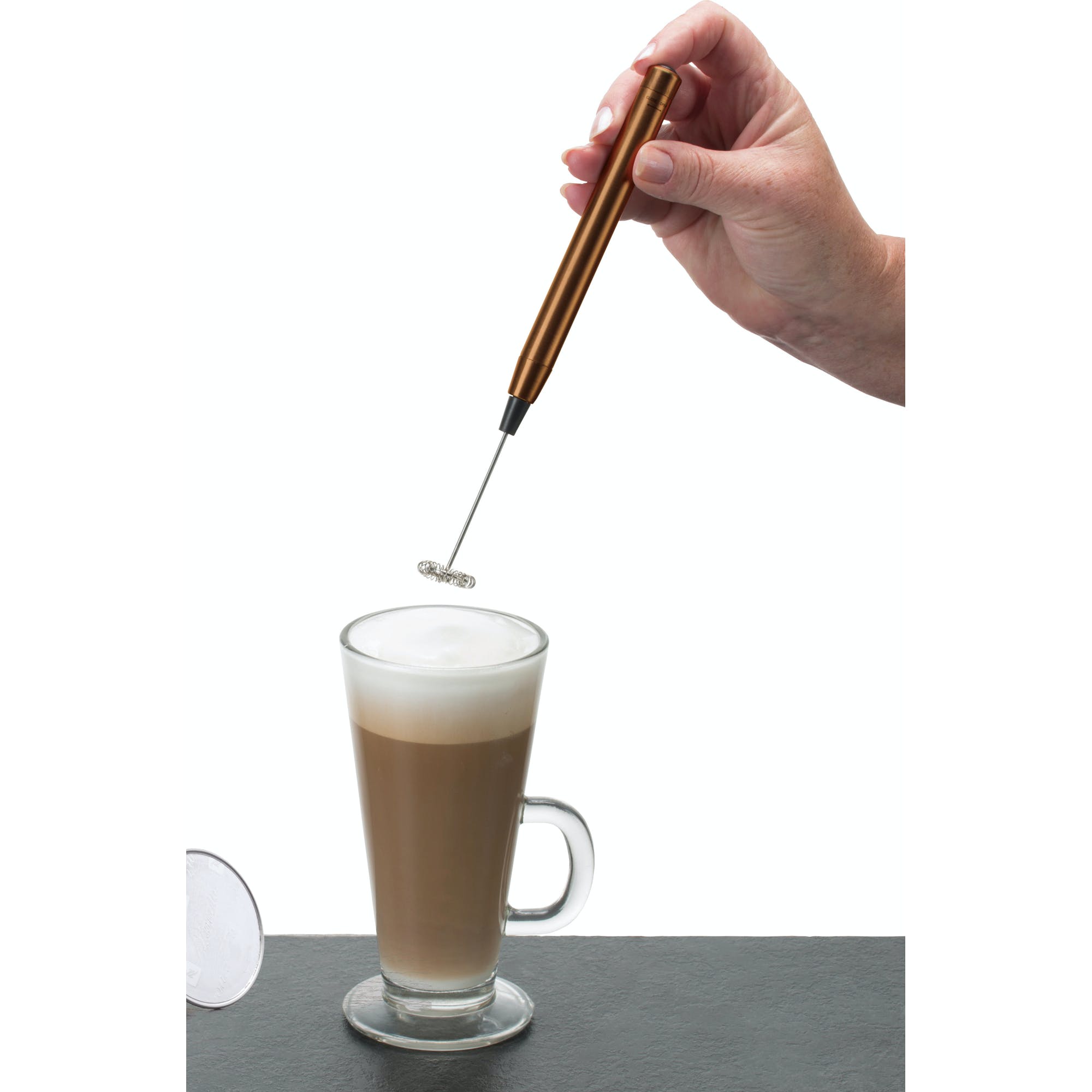 Premium Stainless Steel Milk Frother with Copper Finish - Handheld Electric Whisk for Coffee, Latte, Cappuccino & Hot Chocolate - Perfect for Home, Office & Cafe Use