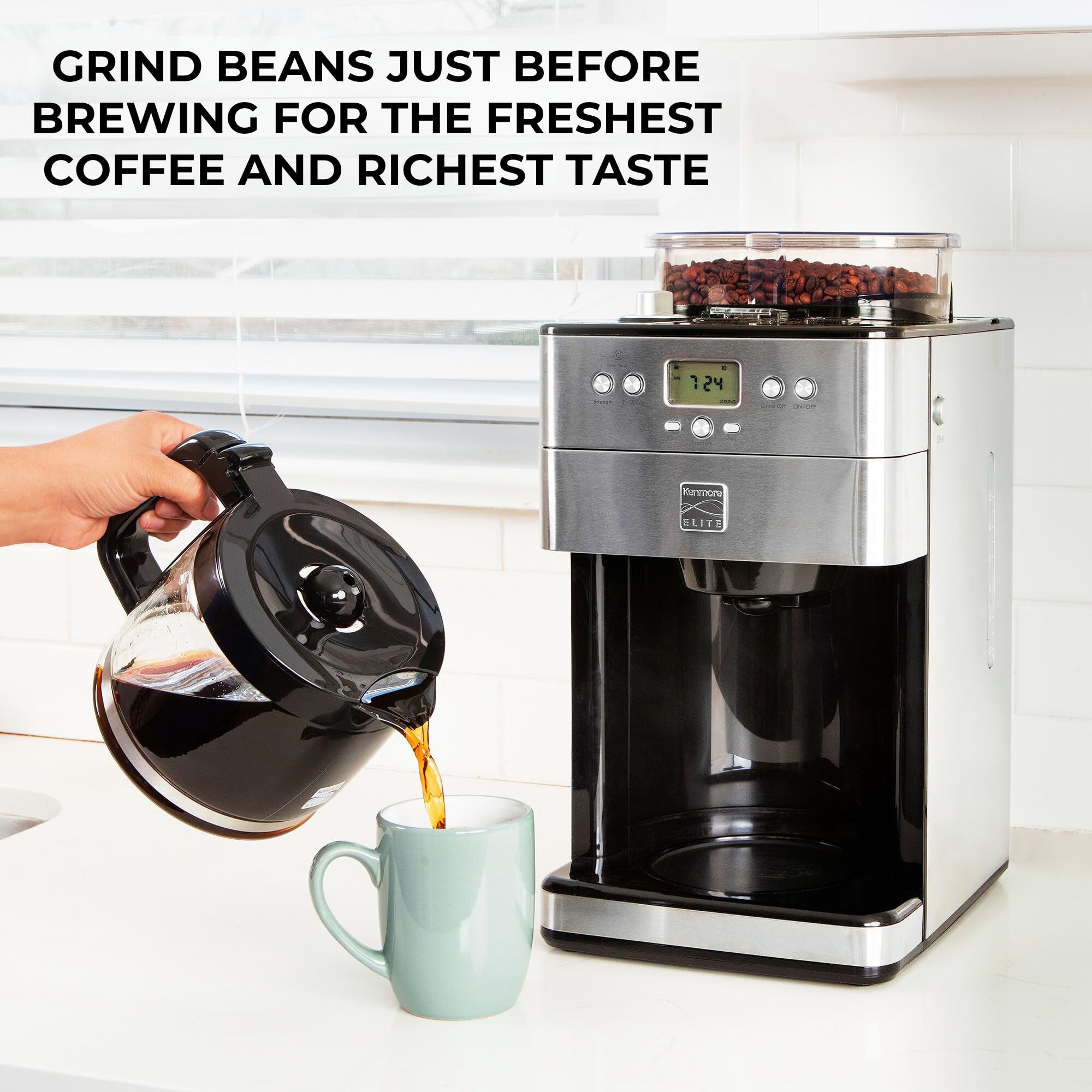 Kenmore Elite Grind and Brew Coffee Maker - 12 Cup Programmable Automatic Coffee Machine with Burr Grinder, Fresh Bean Hopper & Glass Carafe - Perfect for Home Kitchens, Offices and Small Cafés - Barista Style Coffee Maker for Espresso, Latte & Drip Coffee