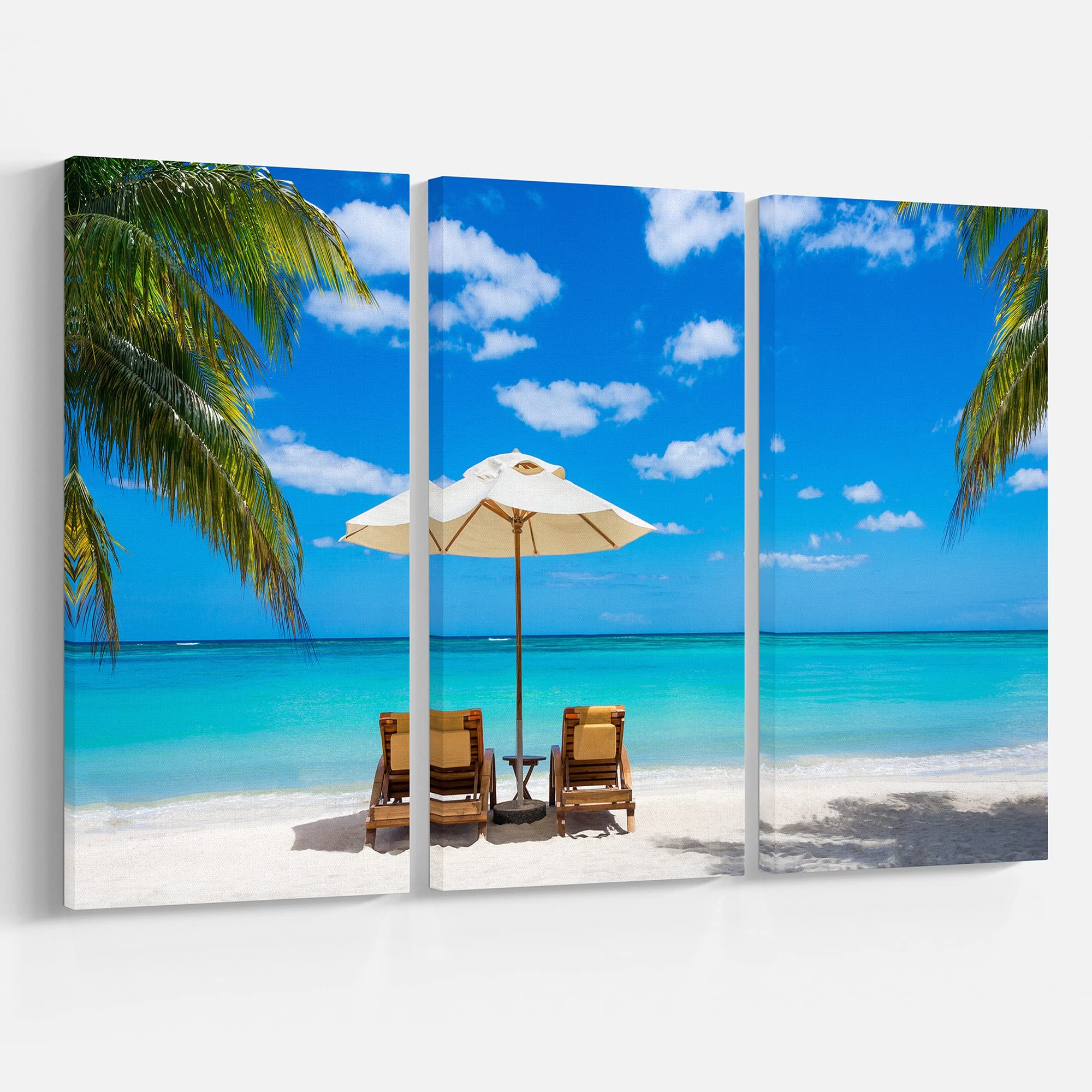 Designart Turquoise Beach with Chairs - Coastal Seascape Photo Canvas Wall Art Print - 36x28 Inches - 3-Panel Multi-Piece Canvas Painting for Living Room, Bedroom & Office Decor - Blue Ocean Beach Scene