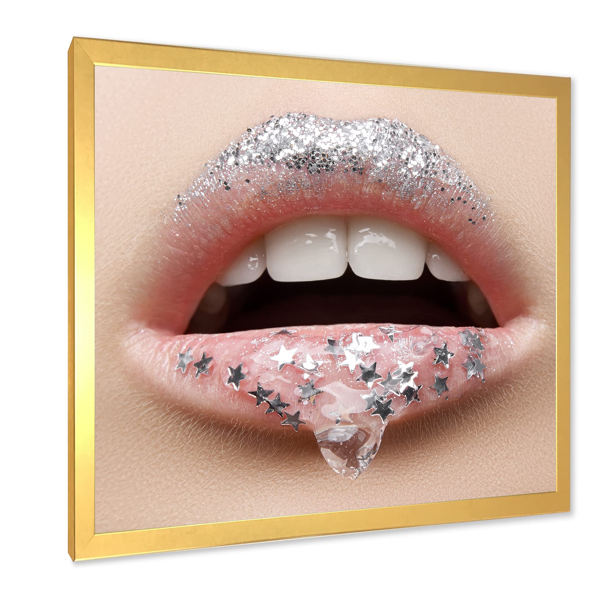 DesignQ Modern Framed Wall Art - Female Lips with Gel & Stars - Perfect for Living Room, Bedroom & Office Decor