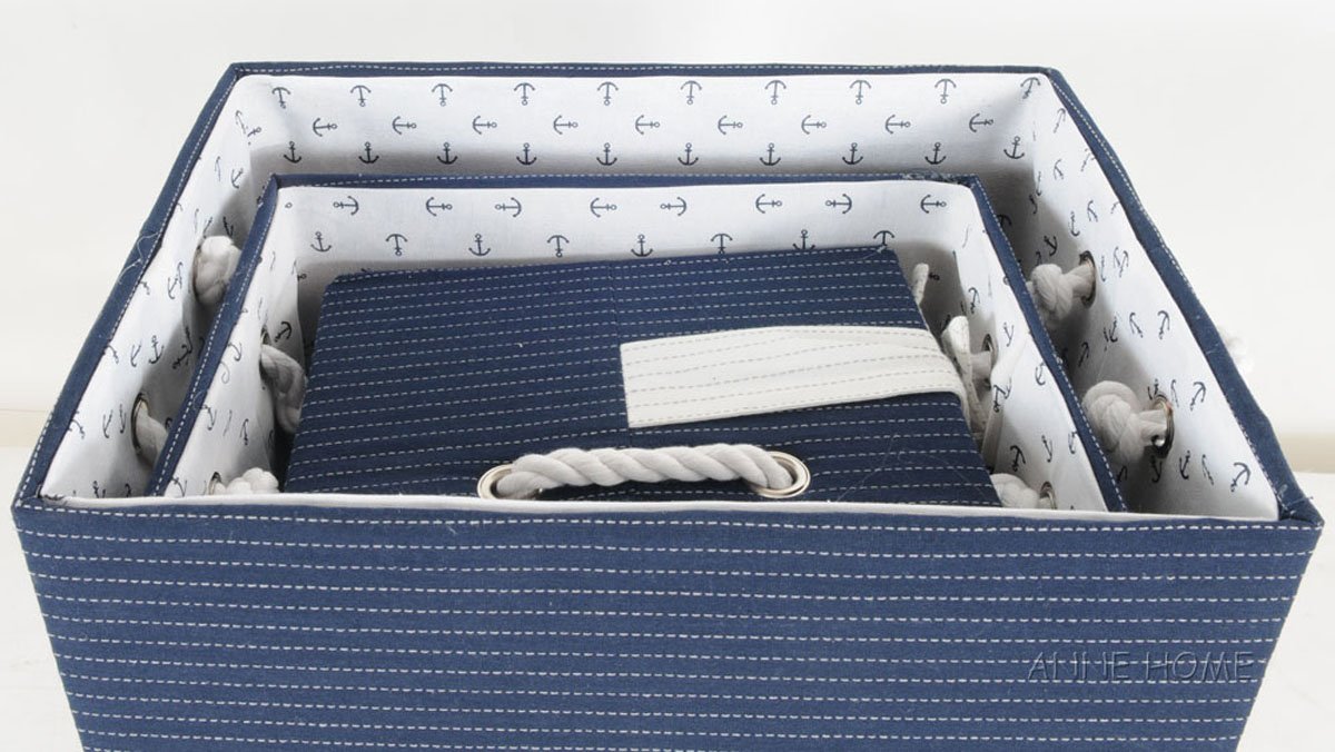 Old Modern Handicrafts Anne Home 5-Piece Blue Fabric Storage Basket Set with Bow Decor - Multi-Size Kids' Toy Organizer Boxes with Lids - Perfect for Bedroom, Playroom & Nursery Organization