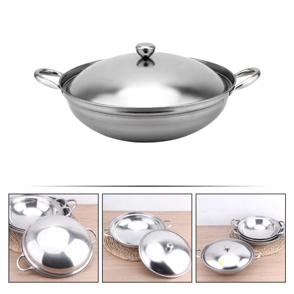 Hemoton 22cm Stainless Steel Chinese Wok Pan with Lid - Double Handle Stir Fry Skillet for Home Cooking, Outdoor Picnic & Camping - Durable Kitchen Cookware for Asian Cuisine, Stir Frying & Deep Frying