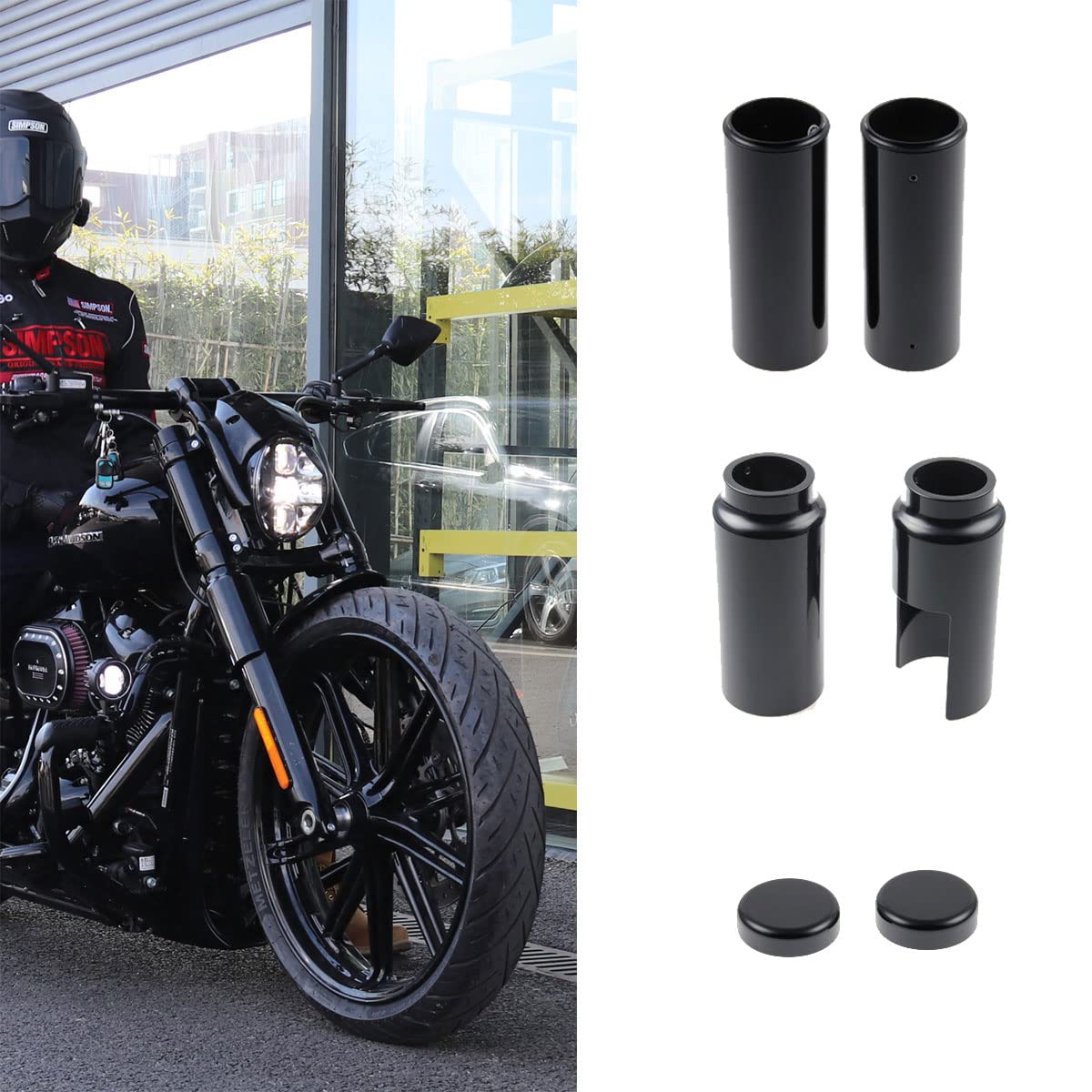 Hoprousa Motorcycle Black Steel Front Full Fork Cover Boot Set - Upper & Lower Tube Caps for Harley Davidson Softail Breakout - Durable Protection for Off-Road & Street Riding