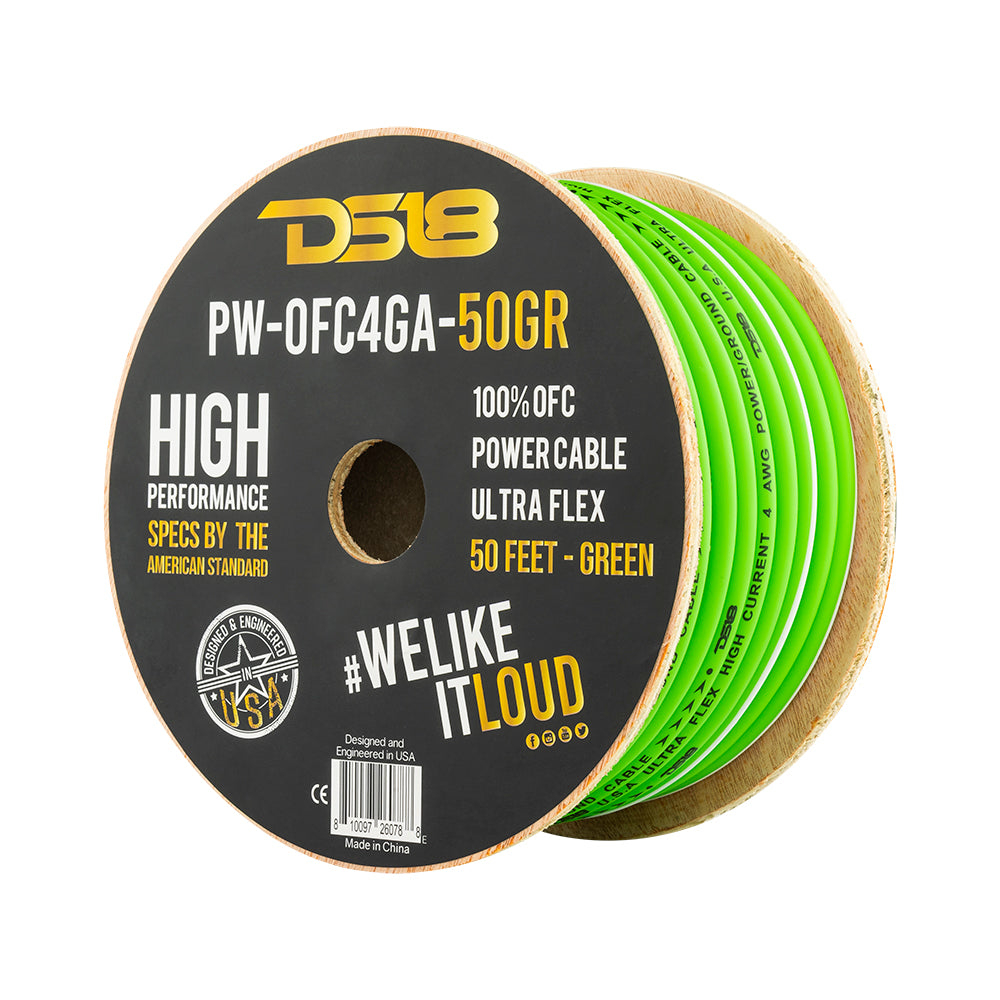 DS18 PW OFC4GA 50YGR 4 Gauge Ultra Flexible 100% OFC Power and Ground Cable - 50 Feet Green - Perfect for Car Audio, Marine, and RV Electrical Systems