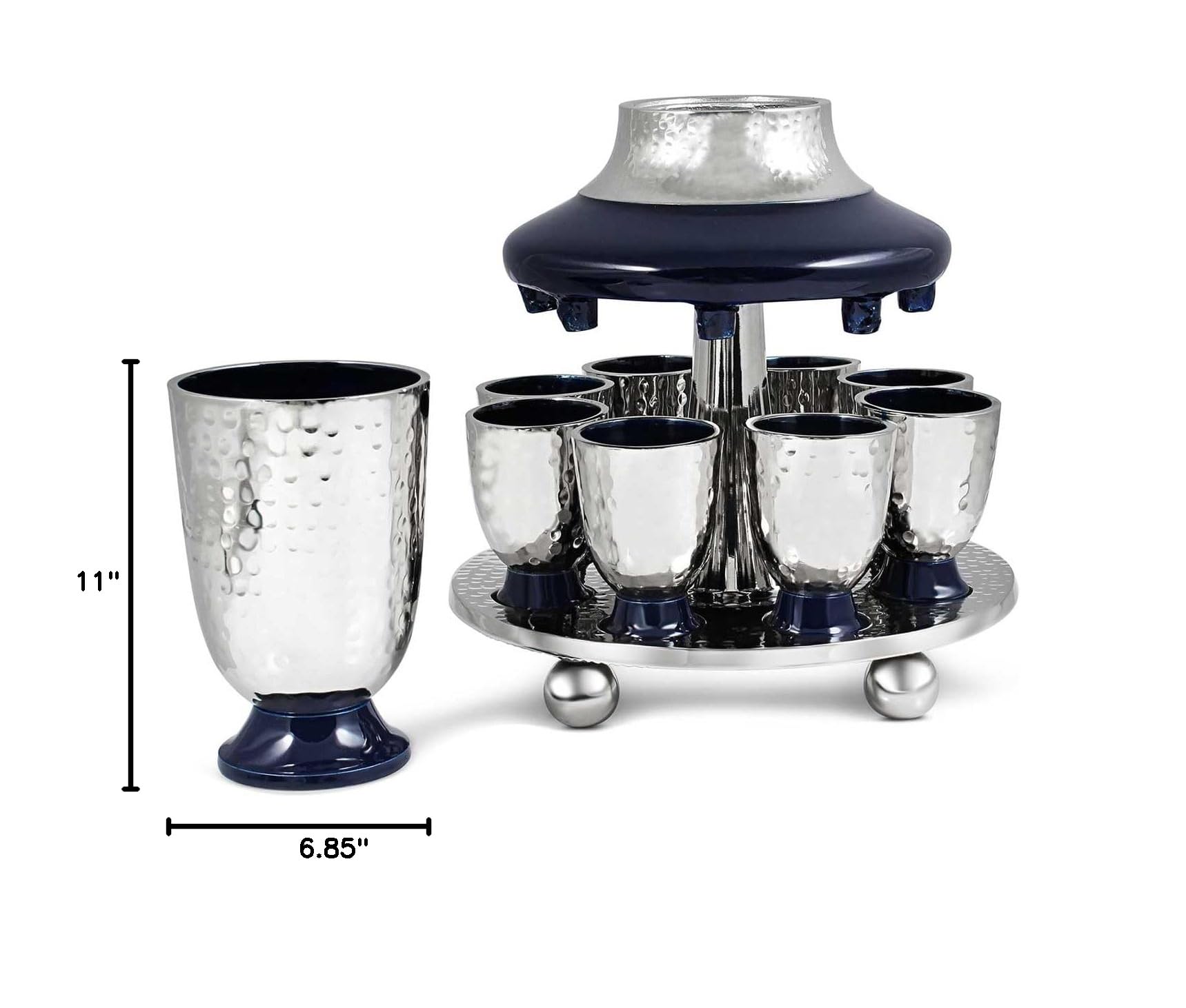 Zion Judaica Shabbat Blue Enamel Kiddush Cup & Wine Fountain Set - 7.5 oz Hammered Metal Goblet with 8 Mini 1.2 oz Stemmed Shot Cups - Perfect for Shabbat, Passover, Holidays & Pesach Seder Table Decor - Elegant Jewish Ceremonial Wine Set for Home Celebrations