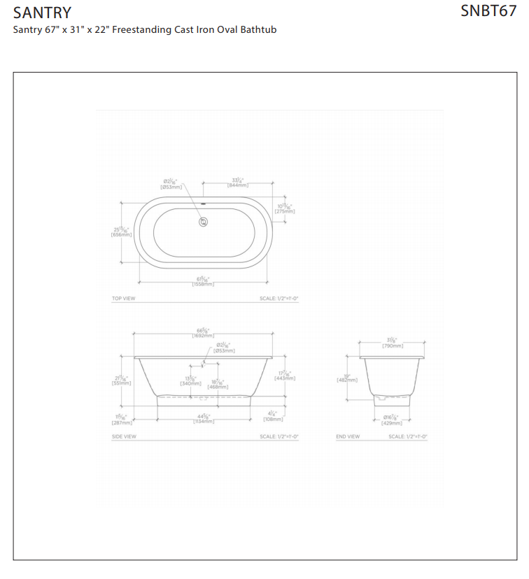 Waterworks Santry 67 x 31 x 22 Inch Freestanding Cast Iron Oval Bathtub - Luxurious Soaking Tub for Modern Bathrooms & Spa Retreats