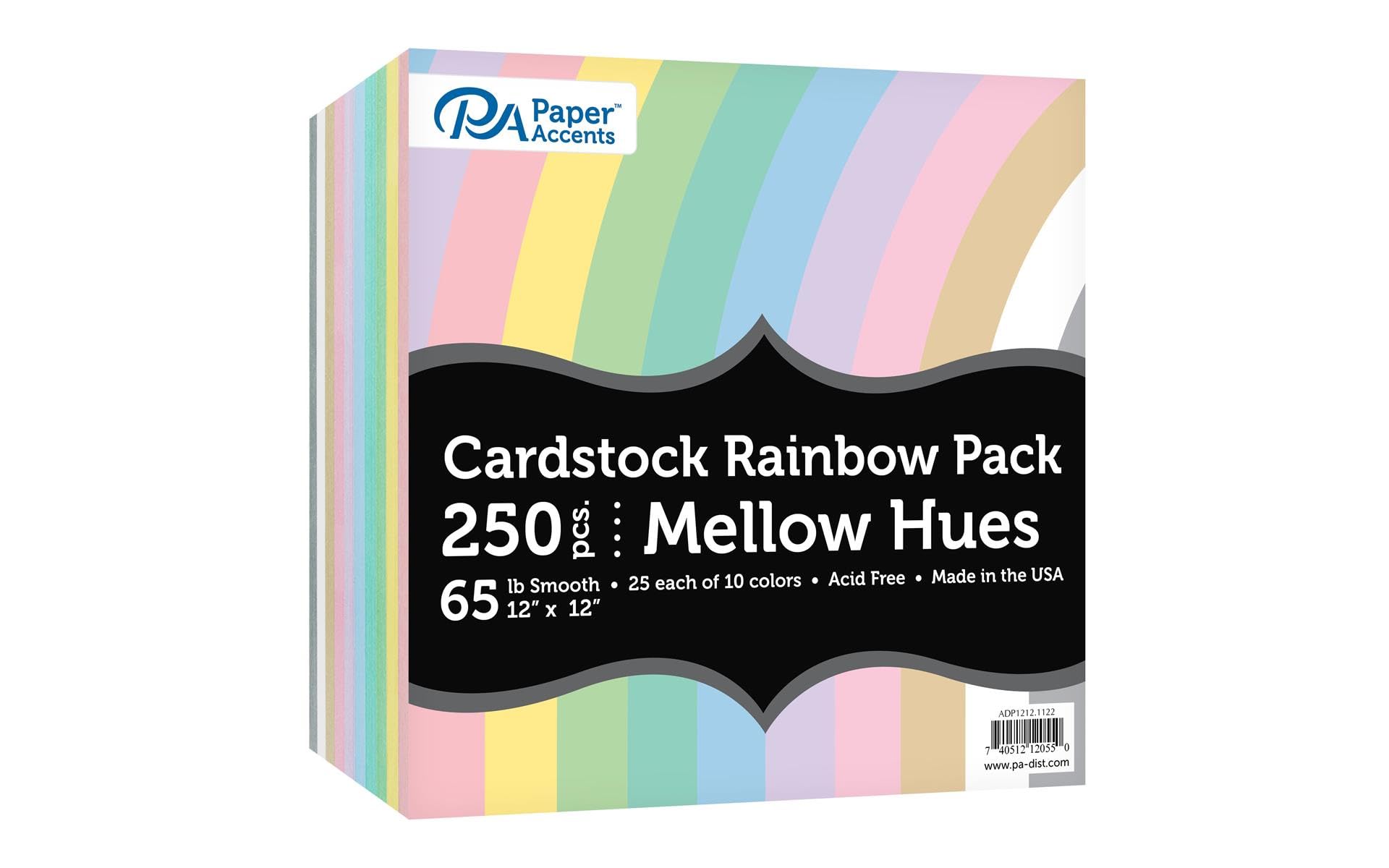 Rainbow Cardstock Paper 12x12, 250pc for Scrapbooking & Crafts - Mellow Hues Design Accents