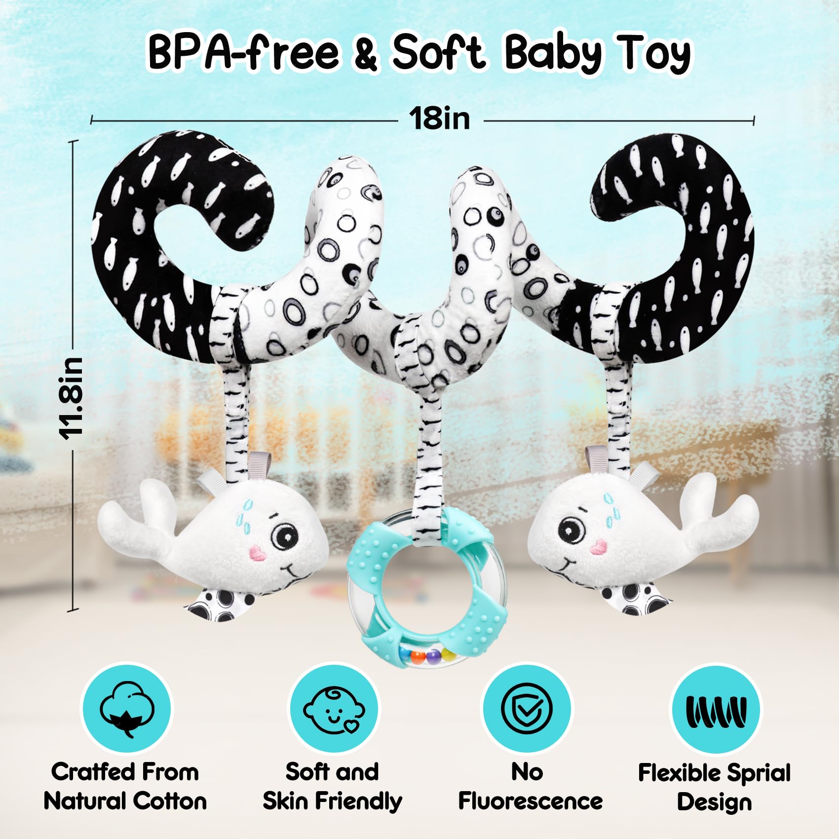 Black and White High Contrast Sensory Toys for Babies - Spiral Hanging Stroller & Car Seat Plush Activity Toy | Newborn Developmental Gift for Baby Shower, Easter Basket, Birthday Party Favors | Perfect for Visual Stimulation and Early Learning