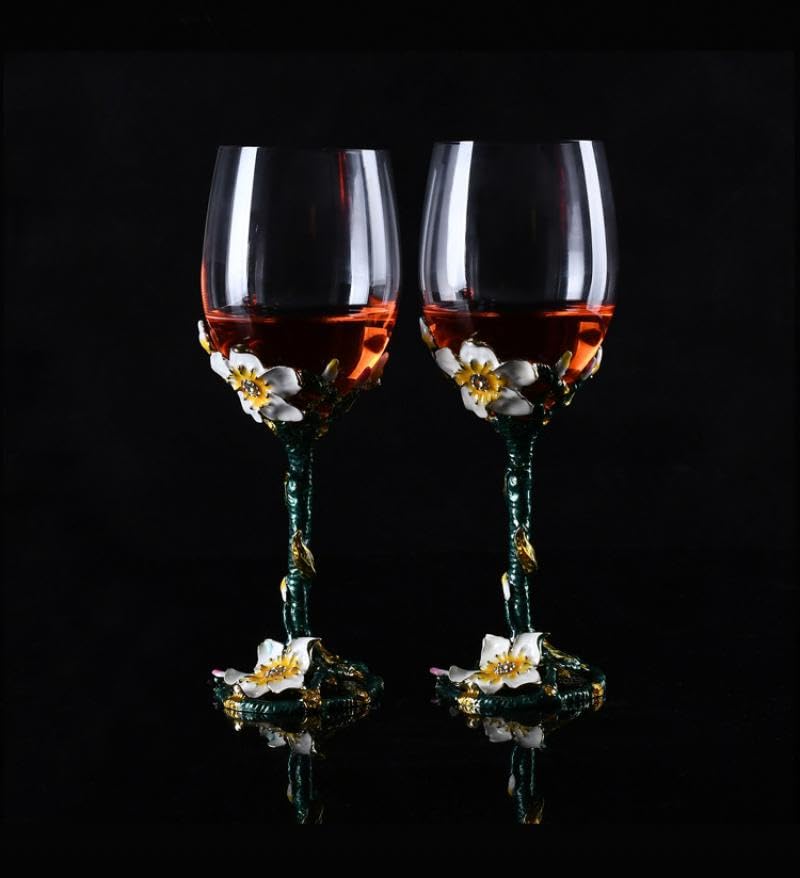 Handcrafted Clear Champagne Wine Glasses with Enamel Apricot Blossom Design - Golden (2-Piece Set in Gift Box) - Perfect for Weddings, Anniversaries & Romantic Dinners