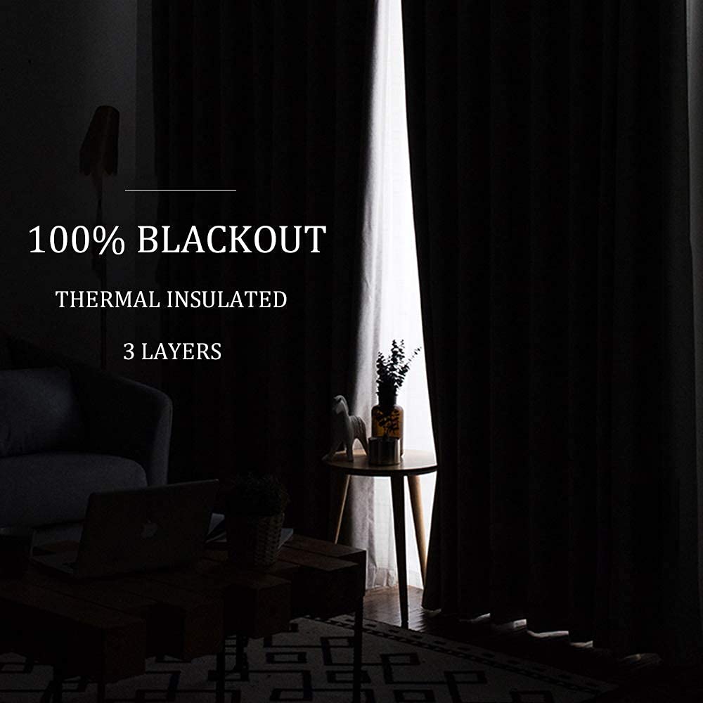 RYB HOME 3-Layer Blackout Soundproof Curtains - Thermal Insulated Noise Cancelling Light Blocking Drapes for Living Room, Bedroom & Room Divider (52x108 Inches, Grey, 2 Panels) - Perfect for Home Theater, Nursery & Office Privacy