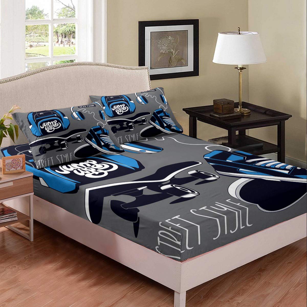 Erosebridal Hip Hop Style Skateboard Fitted Sheet & Bedding Set - Twin XL Blue Street Fashion Bed Cover with Pillow Case - Perfect for Kids & Teen Boys Room Decor | Great for Backpack, Sneakers & Headset Storage | Dorm Room, Bedroom & Skateboarder Themed Decor