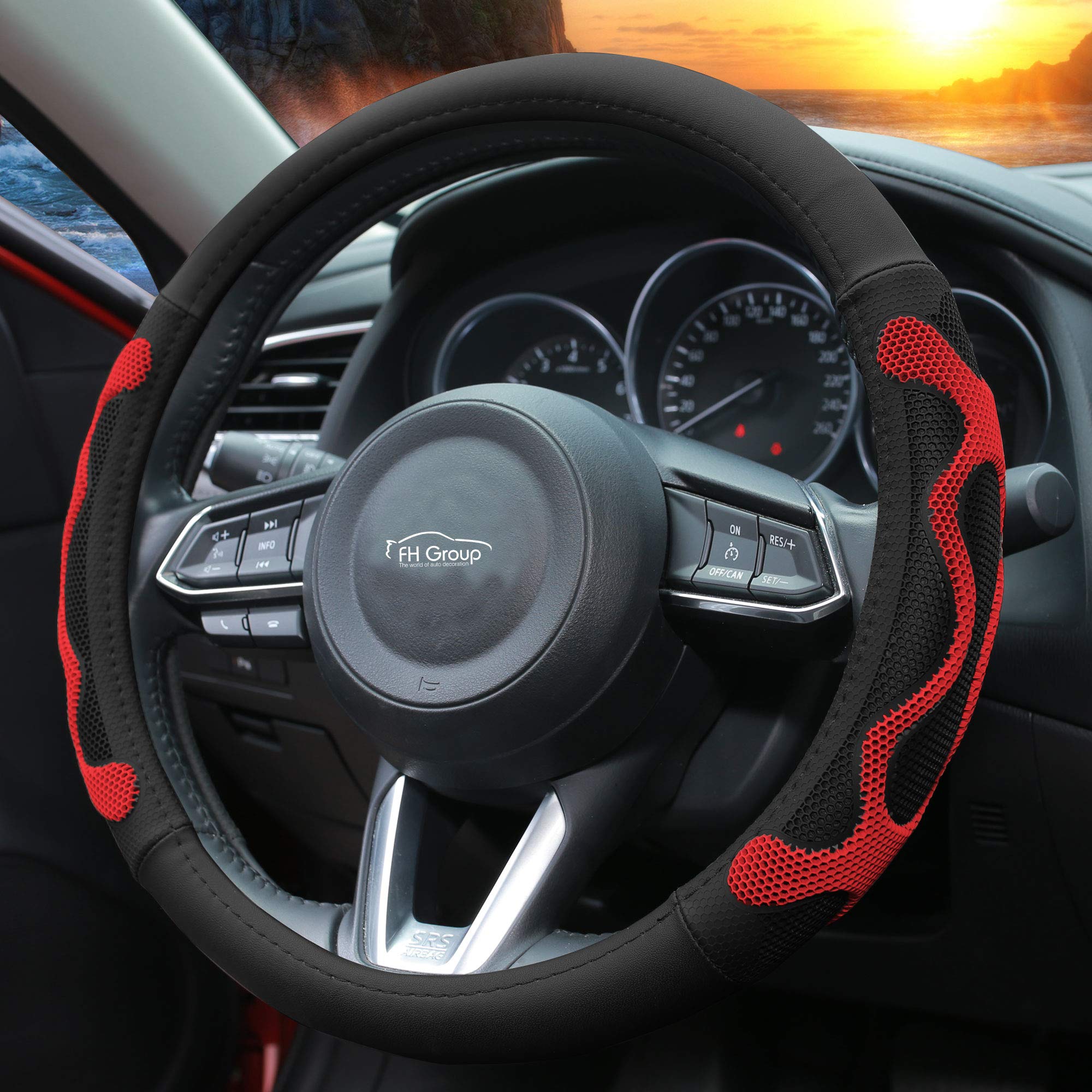 TLH Universal Leather Car Steering Wheel Cover with Silicone Anti-Slip Grip - Red Color for Comfort & Style | Perfect for Daily Commute, Road Trips & Enhanced Driving Experience