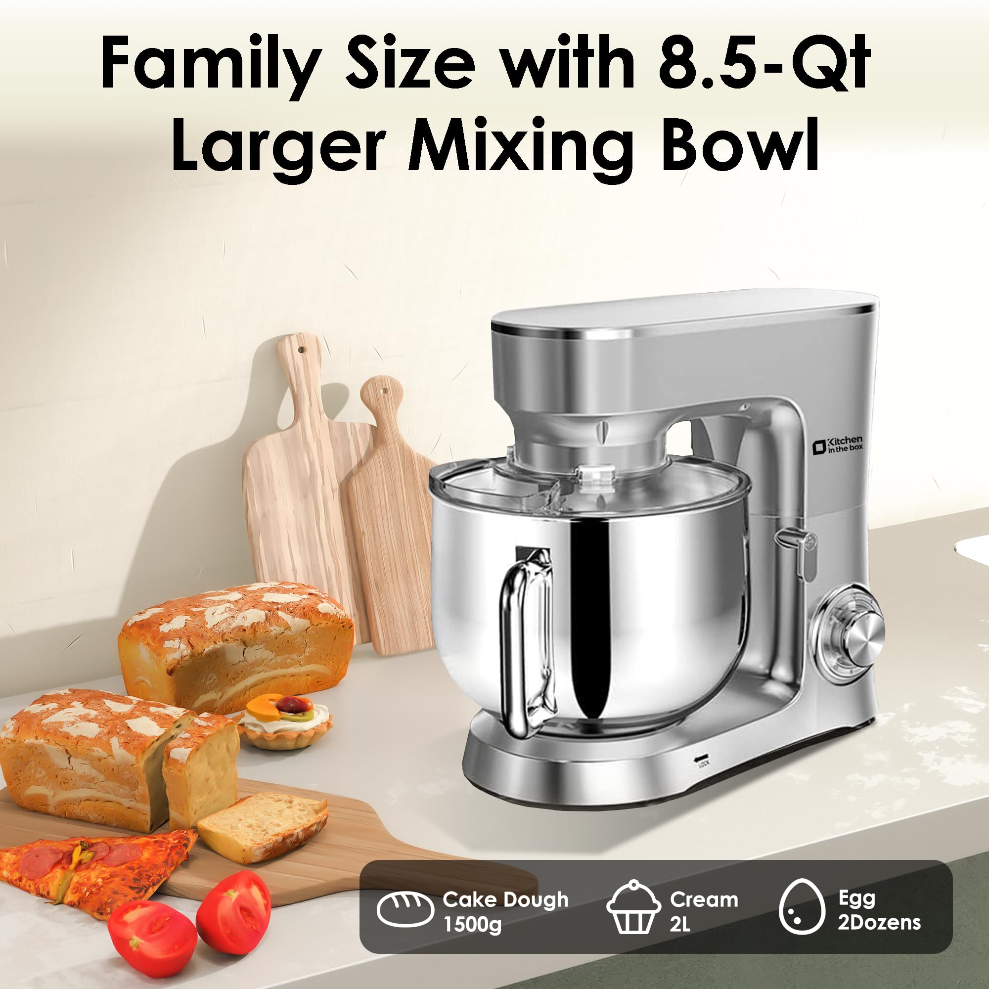 900W 8.5QT Stand Mixer - 10-Speed Tilt-Head Electric Kitchen Mixer with Dough Hook, Wire Whip & Flat Beater - Large Capacity Food Mixer with Splash Guard (Silver) | Perfect for Baking Cakes, Cookies, Bread & More | Ideal for Home Bakers & Professional Kitchens