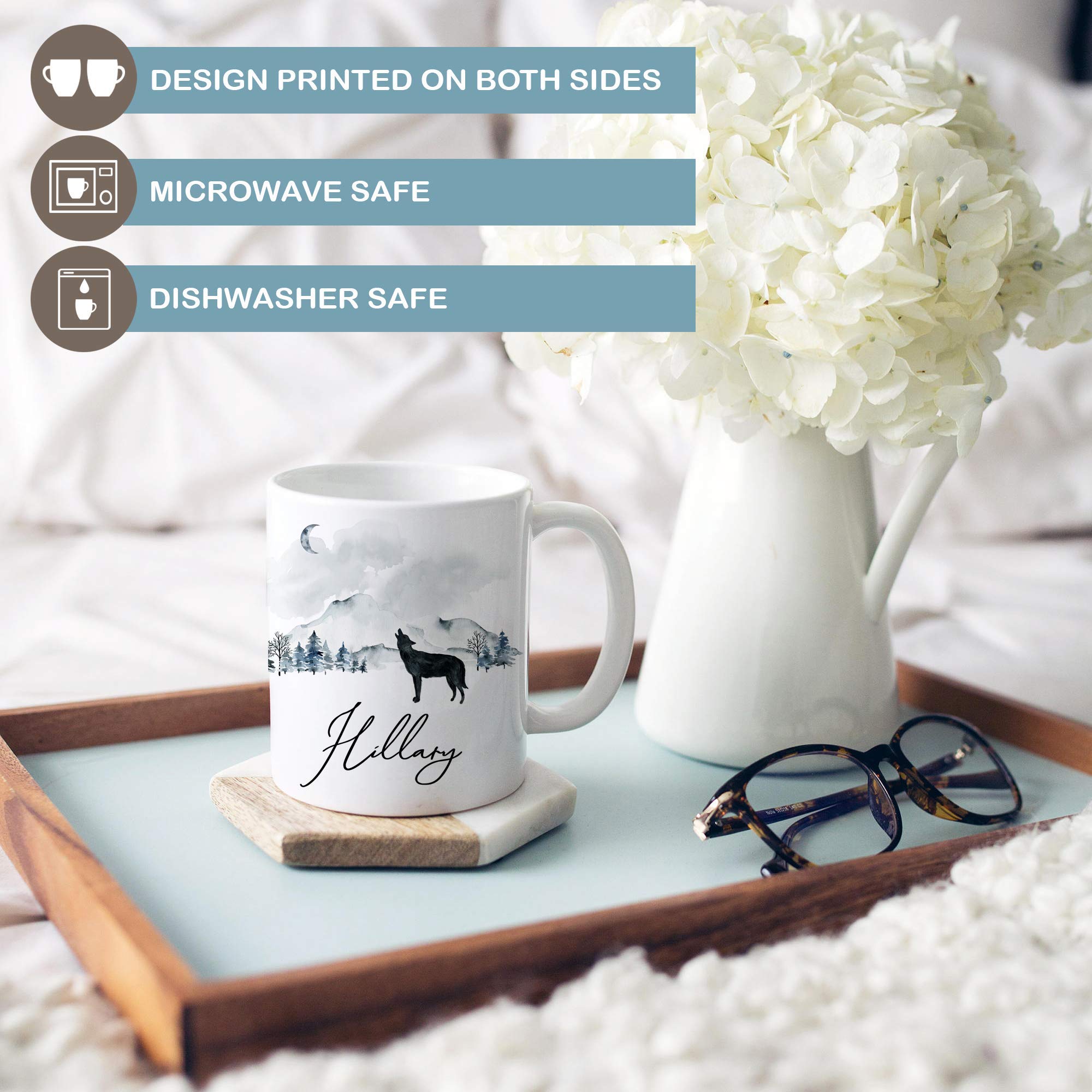 Personalized Wolf Watercolor Mountain Scene Coffee Mug - Custom Name Ceramic Cup | Microwave & Dishwasher Safe | Perfect for Office Gifts, Housewarming Presents & Coffee Lovers