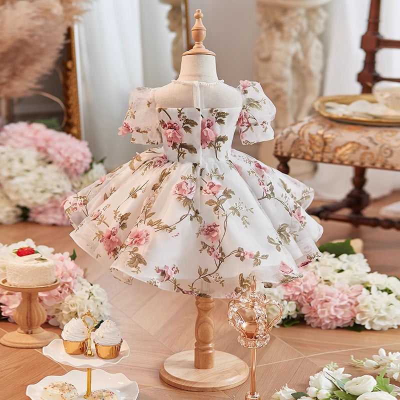 Elegant Baby Mesh Puff Sleeves Floral Dress for Birthday Party, First Communion, Christening & Special Occasions - Toddler Girls' Formal Outfit