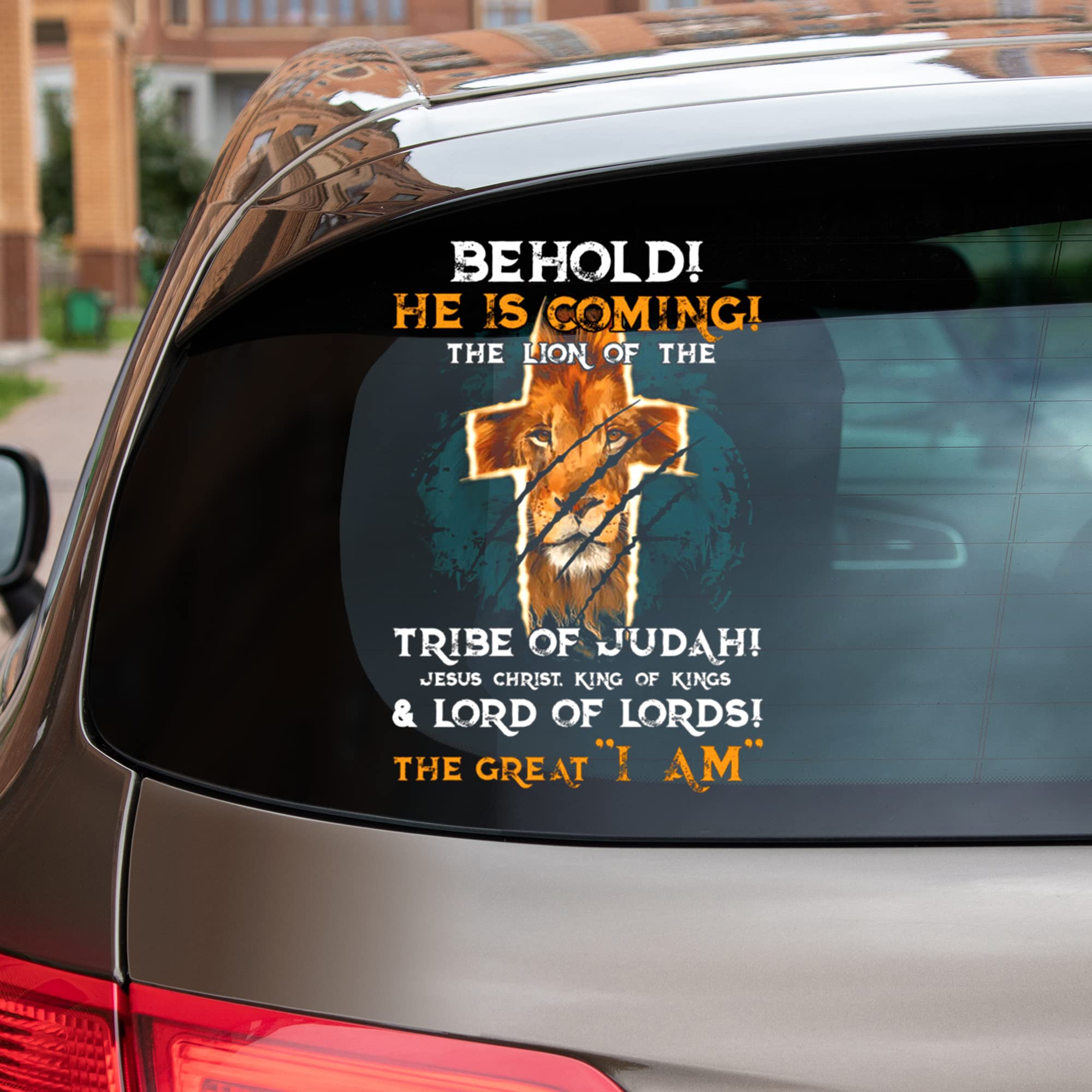 Jesus Lion Car Sticker - Behold He is Coming - Lion of Judah Vinyl Decal for Christian Believers, Waterproof Bumper & Window Decoration for Cars, Trucks, SUVs - Perfect for Church Events & Daily Commute