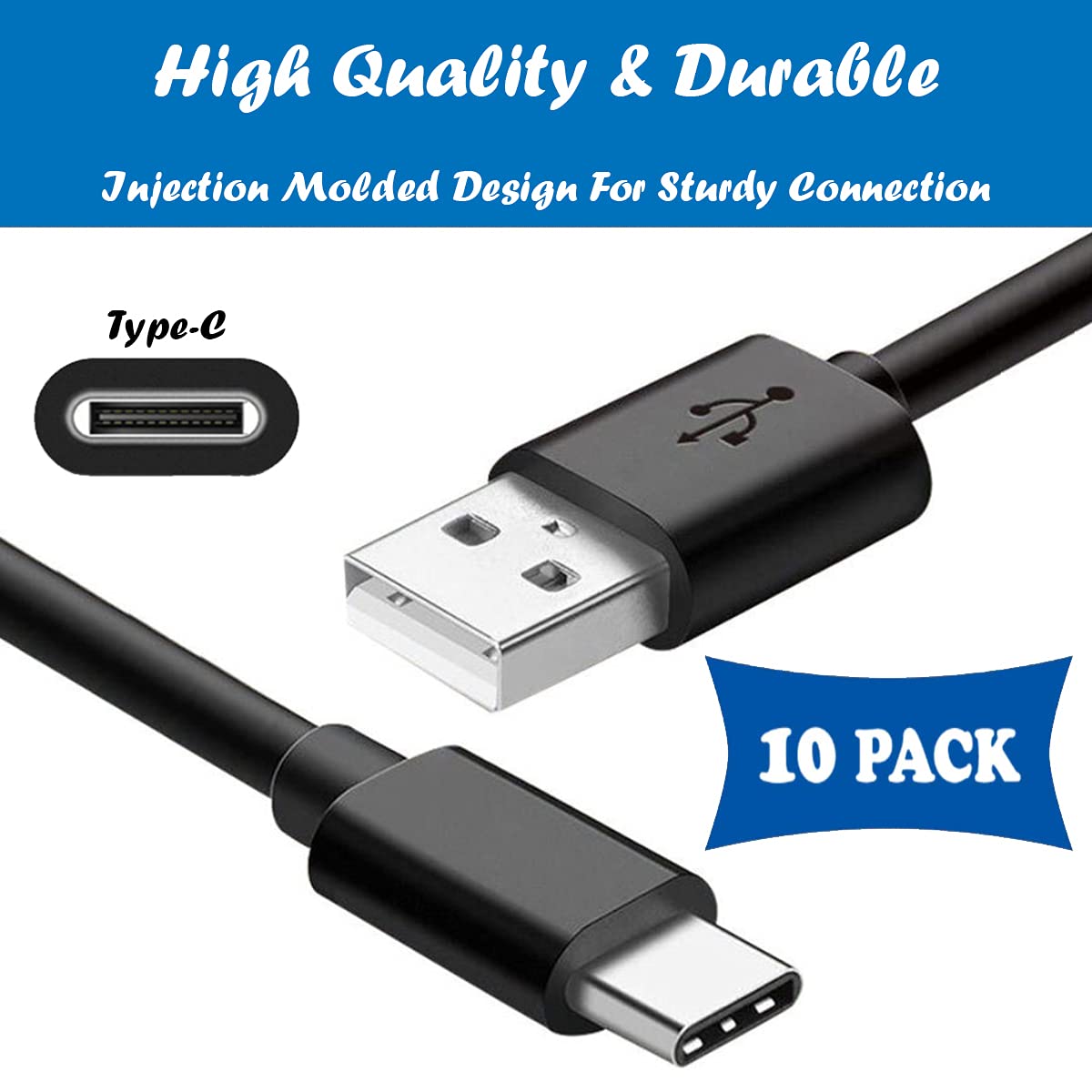 10-Pack USB-A to USB-C Fast Charging Cable [3.3ft] - High Speed Charger Cord for Samsung Galaxy S10/S9/S8/S20/S21/Plus/A52/A21/A32/A11, Note 10/9/8, PS5 Controller - Perfect for Home, Office & Travel Charging Needs