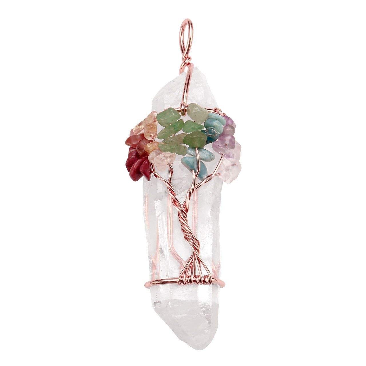 Jovivi 2-Piece Chakra Healing Crystal Necklace Set - Natural Clear Quartz Wire Wrapped Necklace & Rose Gold Flower Rose Quartz Pointed Crystal Pendant | Spiritual Healing, Meditation, Yoga, Energy Balancing Jewelry Gift