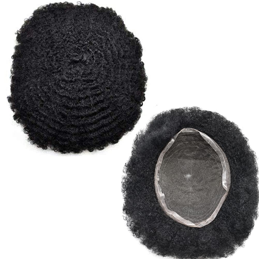 Brazilian Human Hair Afro Toupee for Black Men - Full French Lace Wig with Transparent Base | 6mm Afro Wave Curly Replacement System (1B Off Black) | Perfect for Daily Wear, Cosplay & Special Events