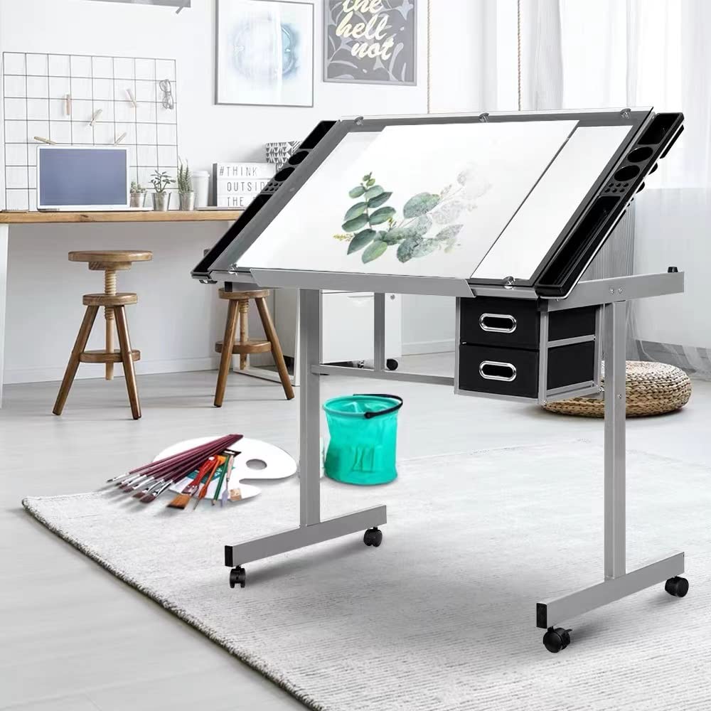 Adjustable Glass Drafting Table - Diamond Art Desk & Versatile Craft Station for Artists, Painters & Students - Perfect for Home Office & Studio Workspaces - Silver