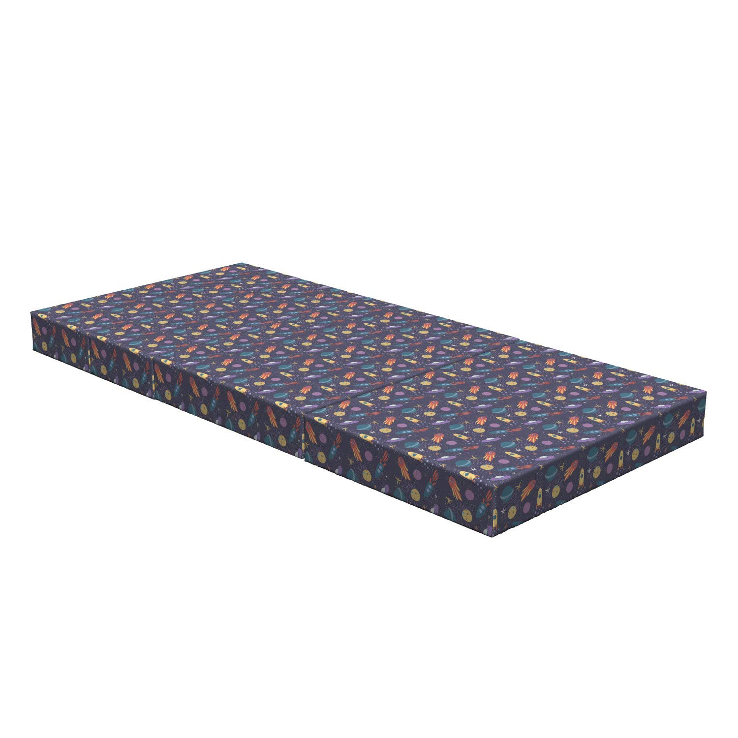 Ambesonne Alien Themed Foldable Mattress - Rockets & Stars in Soft Pastel Colors, 74.8