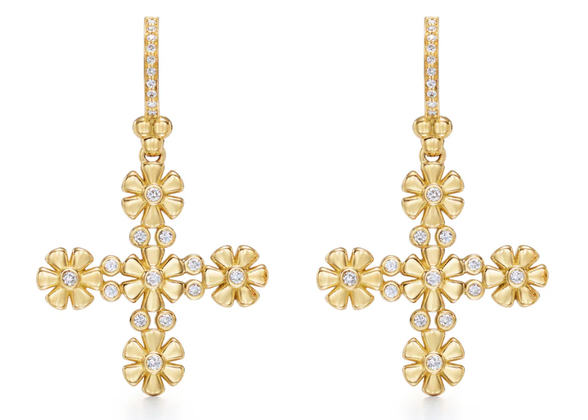 18K Gold Fiori Cross Earrings for Women - Elegant Religious Jewelry Gift for Christmas, Baptism & Everyday Wear