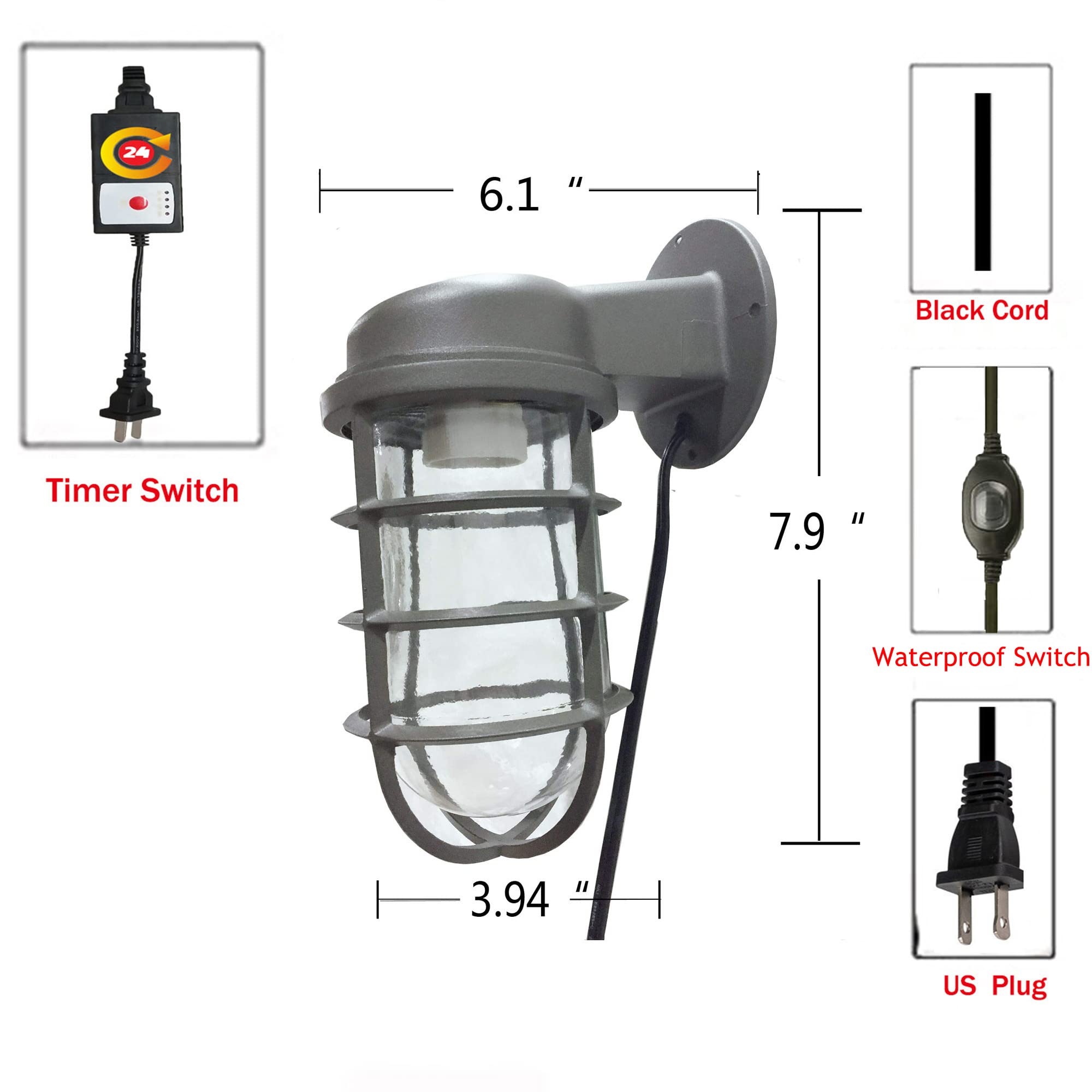 Kiven Waterproof Outdoor/Indoor LED Cage Light with Timer Switch - Plug-in Wall Mount Lantern for Barn, Garage & Patio - Durable Industrial Sconce (1 Pack) - Perfect for Backyard, Shed & Workshop Lighting