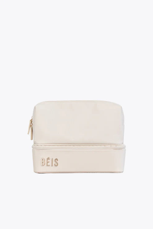 Beige Makeup Organizer - Travel Cosmetic Bag with Multiple Compartments for Makeup Brushes, Lipsticks & Skincare | Perfect for Home, Travel & Vanity Storage
