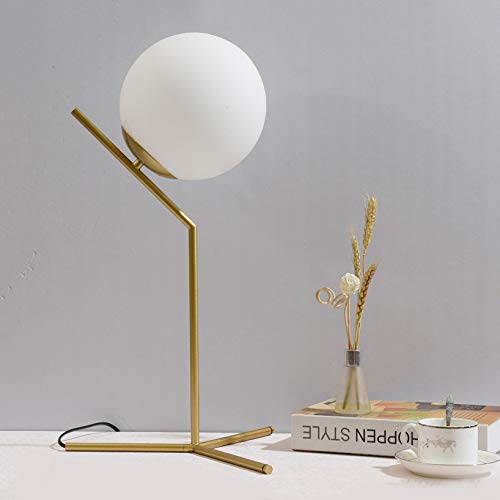 Modern White Glass Table Lamp with Gold Base - Minimalist Globe Shade Bedside Lamp for Bedroom, Study, Hotel & Restaurant Decor - Nightstand Lighting for Cozy Ambience