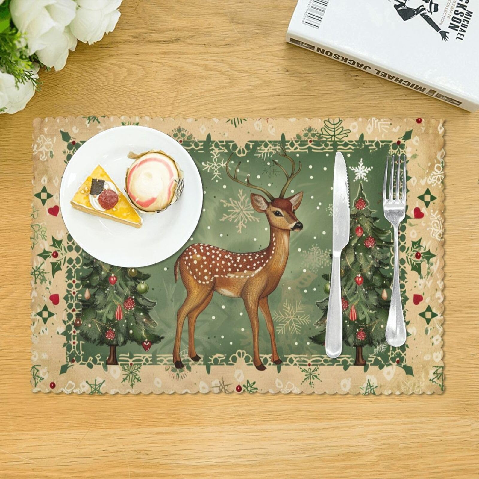 4-Pack Christmas Tree Placemats Set - 12x18 Inch Snowflake & Deer Design Washable Heat-Resistant Table Mats for Kitchen Dining - Perfect for Holiday Decorations, Family Gatherings & Festive Meals
