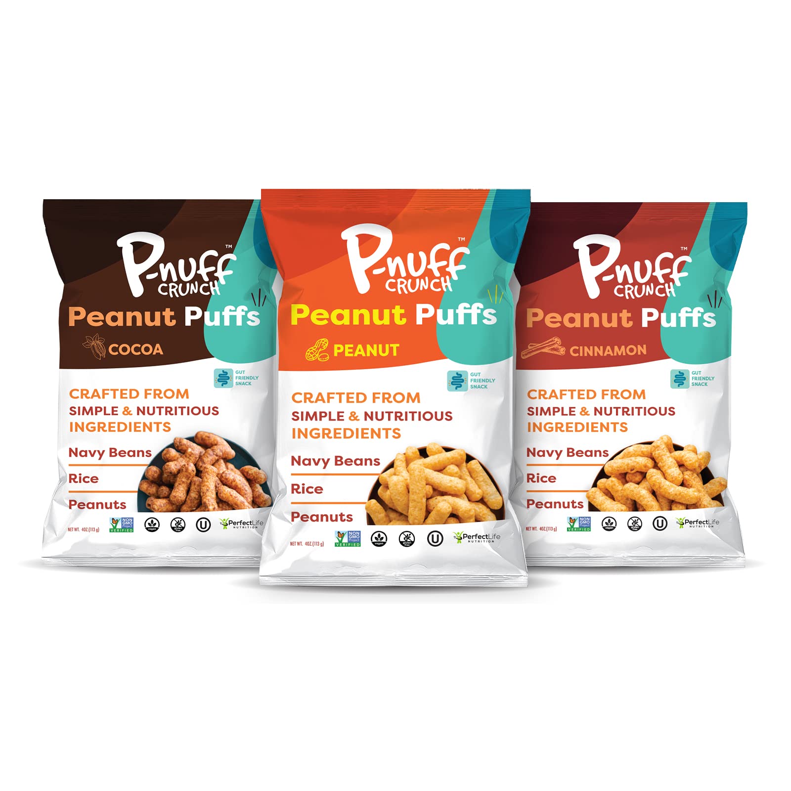 Pnuff Crunch Peanut Butter Puffs - Healthy Low Calorie Gluten Free Vegan High Protein Keto Snacks - Variety Pack 4 Oz (Pack of 3) - Perfect for Office, Travel & On-the-Go Nutrition