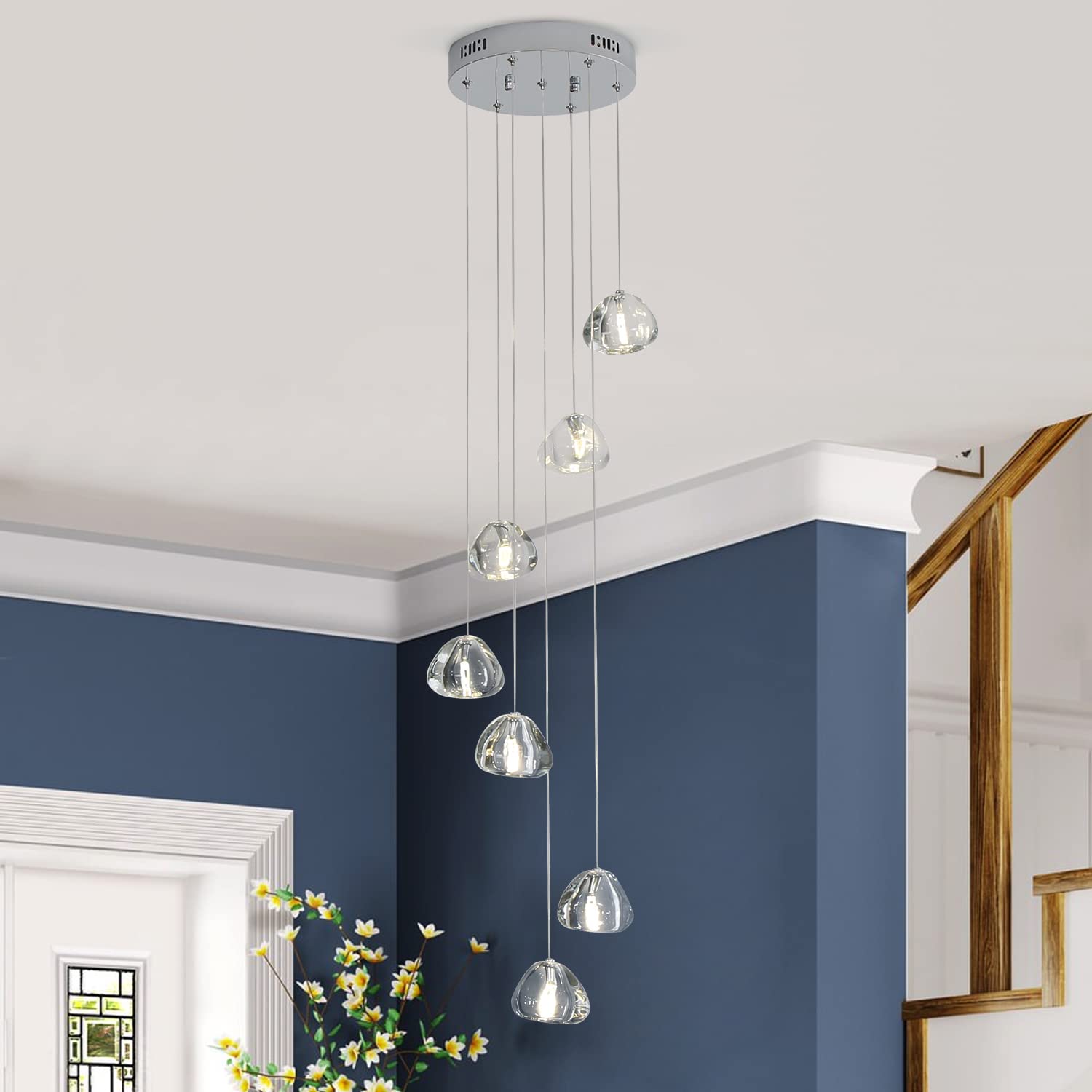 Modern LED Chandelier - 7-Light Crystal Pendant Lighting Fixture in Chrome Finish for Living Room, Dining Room & Entryway - Elegant Ceiling Light for Home Decor, Parties and Special Occasions