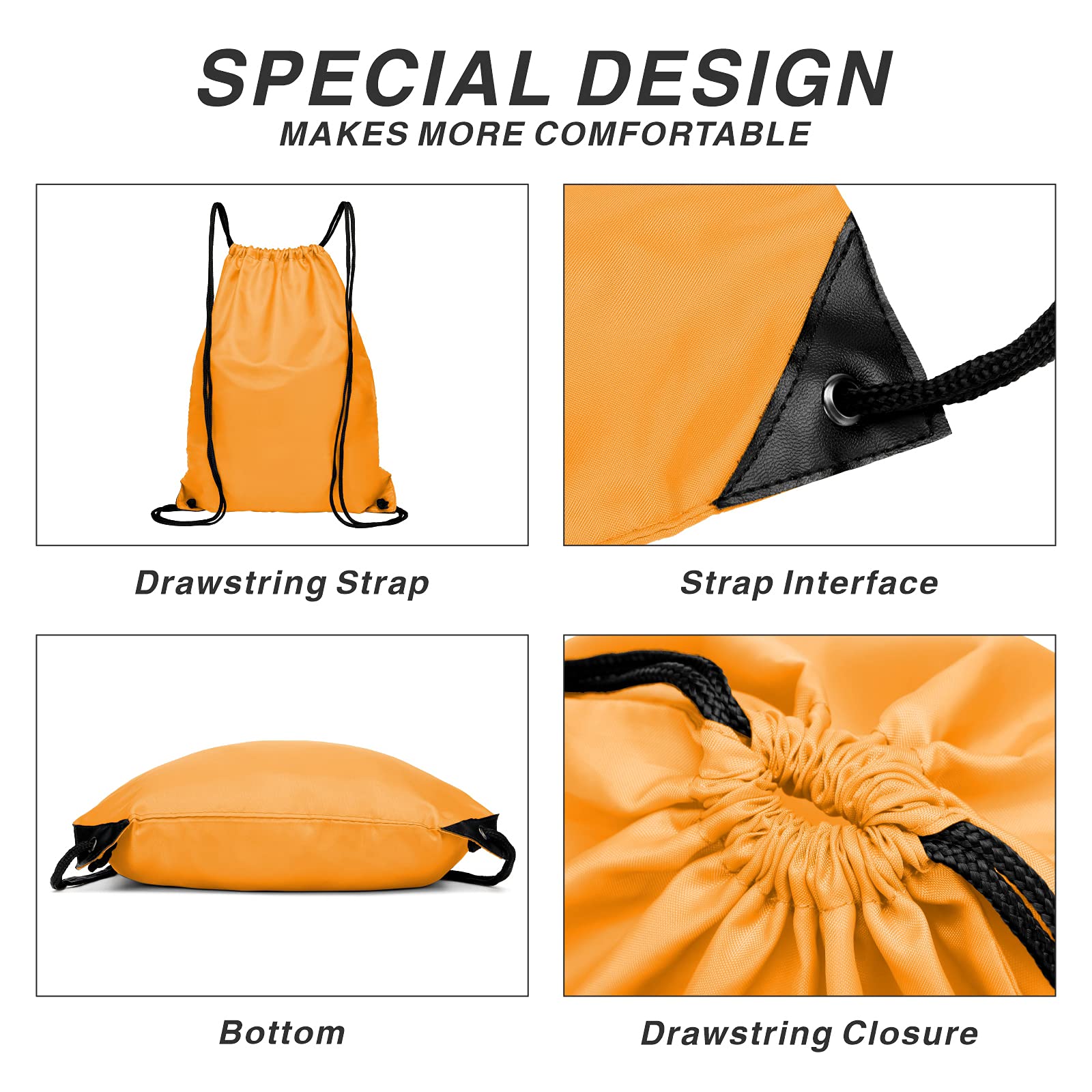 Water Resistant Drawstring Backpack with Zipper - Lightweight Sports Gym Sackpack for Men & Women - Large Durable String Bag for Running, Travel & Workout - Orange