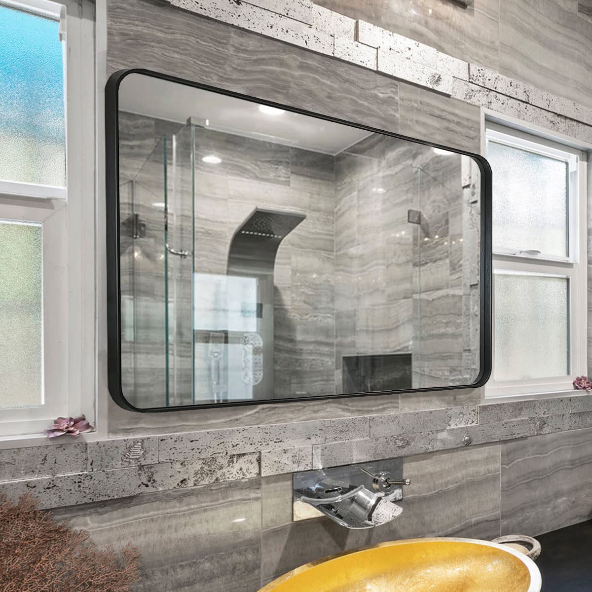 30x40 Inch Black Rectangle Bathroom Mirror with Rounded Corners - Metal Frame Vanity Mirror for Wall Mounting (Horizontal or Vertical) - Perfect for Bathroom, Bedroom, and Dressing Room Decor